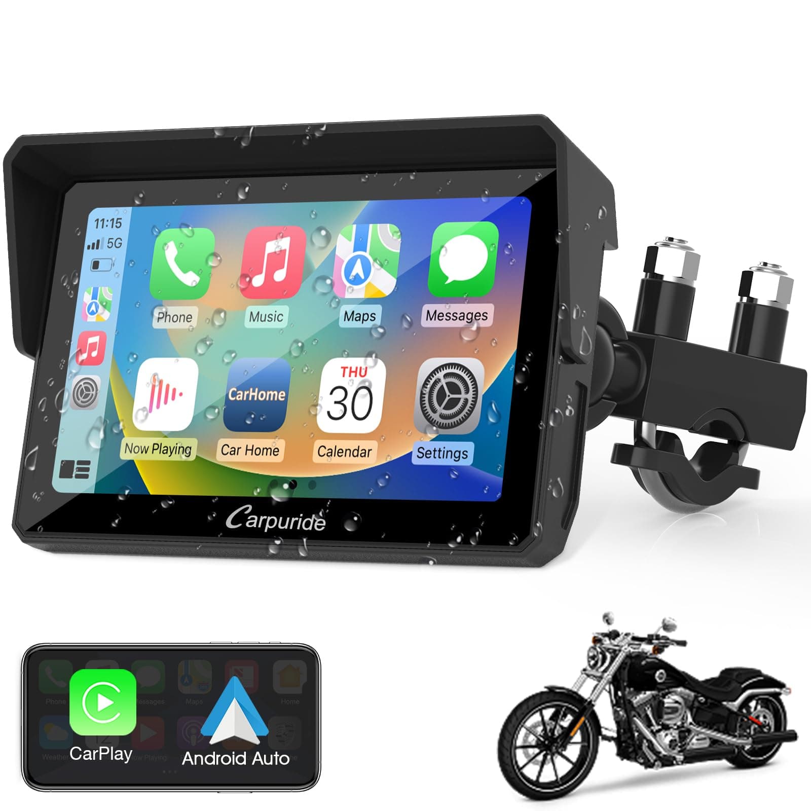 Carpuride W502 Motorcycle GPS Wireless Portable Carplay/Android Auto Waterproof Car Stereo, 5" IPS Touch Screen with Dual Bluetooth, Navigation/Siri/G00gle Assistant for Motorbike