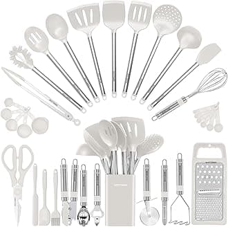 Kitchen Utensil Set-Silicone Cooking Utensils-33 Kitchen Gadgets & Spoons for Nonstick Cookware-Silicone and Stainless Steel Spatula Set-Best Kitchen Tools, Useful Pots (Cream White)