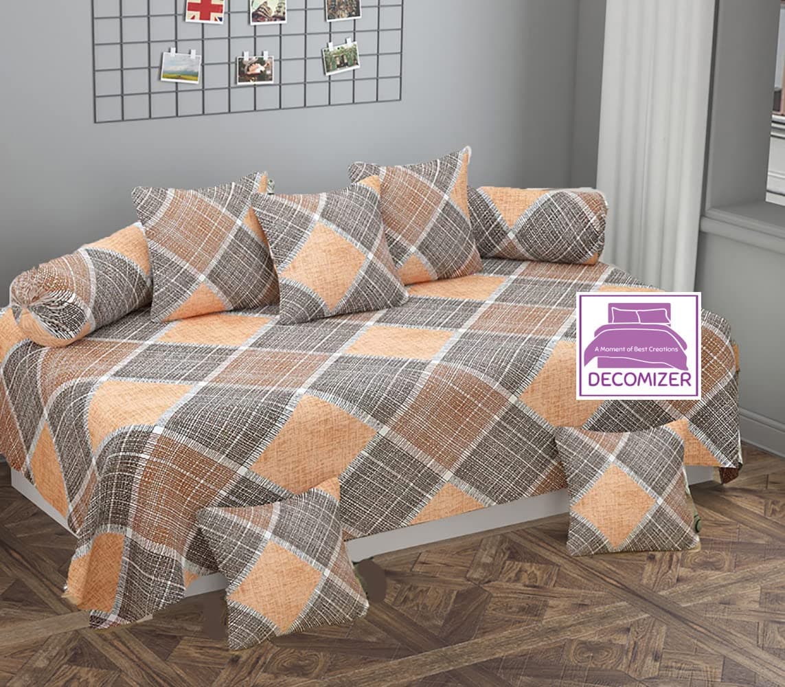 DECOMIZER XL Diwan Set 100% Pure Cotton Designer, 1 (60 X 90 in) Bedsheet,5 (16x16 in) Cushion Covers and 2 Booster Covers (8 PCS Set) (Diwan Set-(1+2+5), Design - Coffee Check)