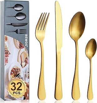 Cutlery Set, BEWOS 32 Piece Stainless Steel Matt Gold Flatware Set, Tableware Silverware Set with Spoon Knife and Fork Set, Service for 8, Dishwasher Safe/Easy Clean