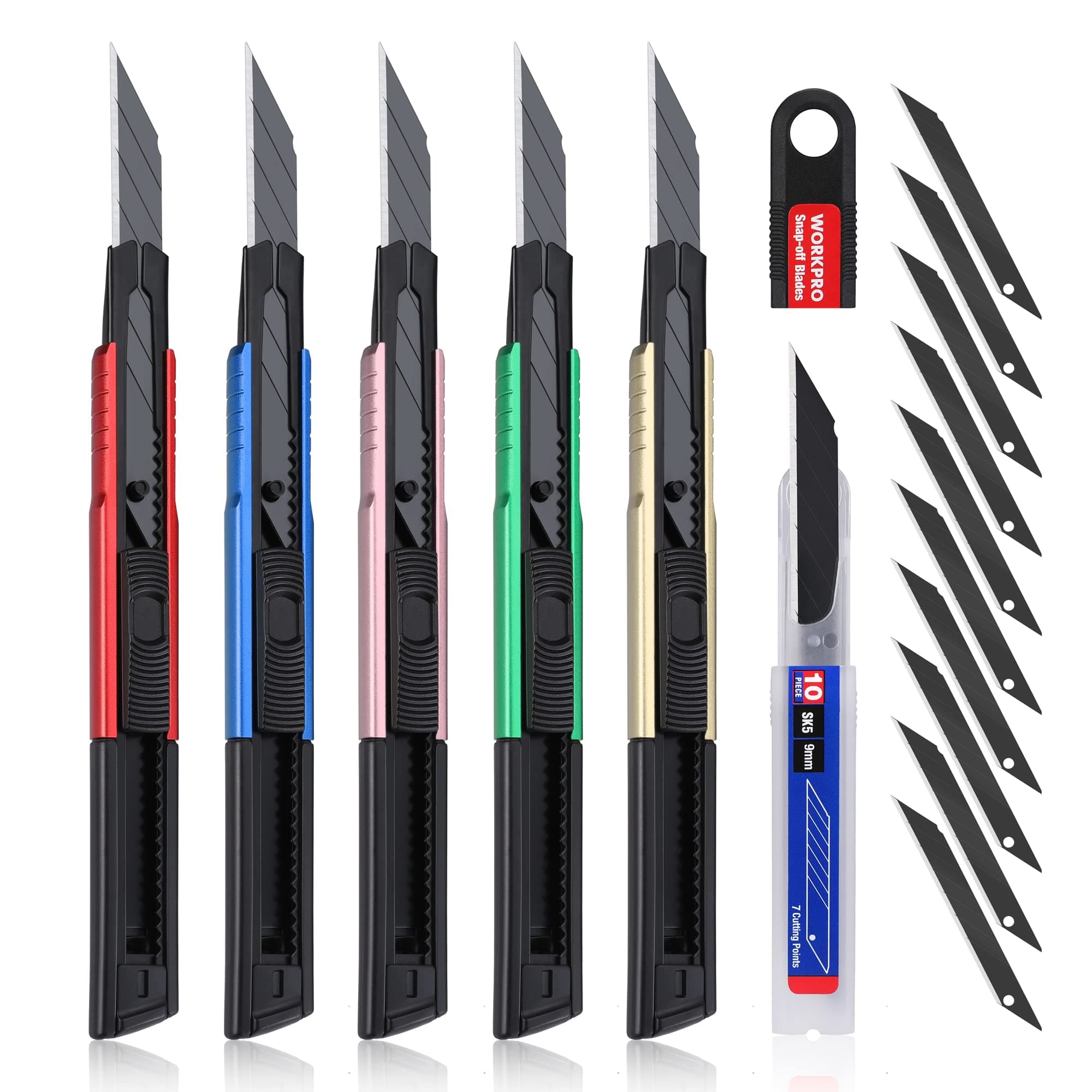 Premium Utility Knife Retractable Snap-off Blade, Heavy Duty Aluminum Box Cutter Set, Razor Knife Exacto Craft Knives, with 10 Extra 9mm Blades, Pack of 5