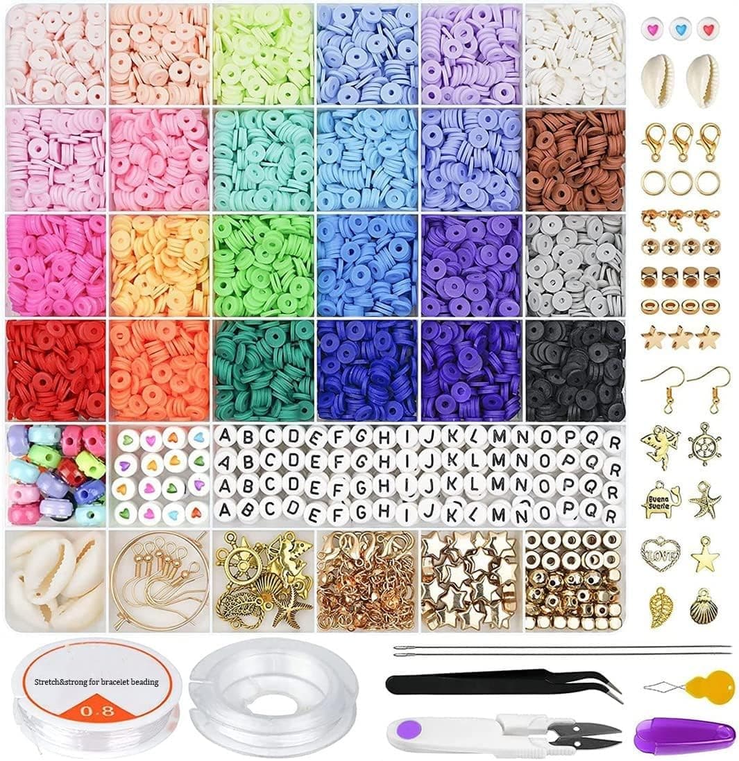 6000 Pcs Clay Beads For Bracelet Making,24 Colors 6Mm Flat Round Polymer With Pendant Charms Kit Letter And Elastic Strings Jewelry Making & Craft Supplies