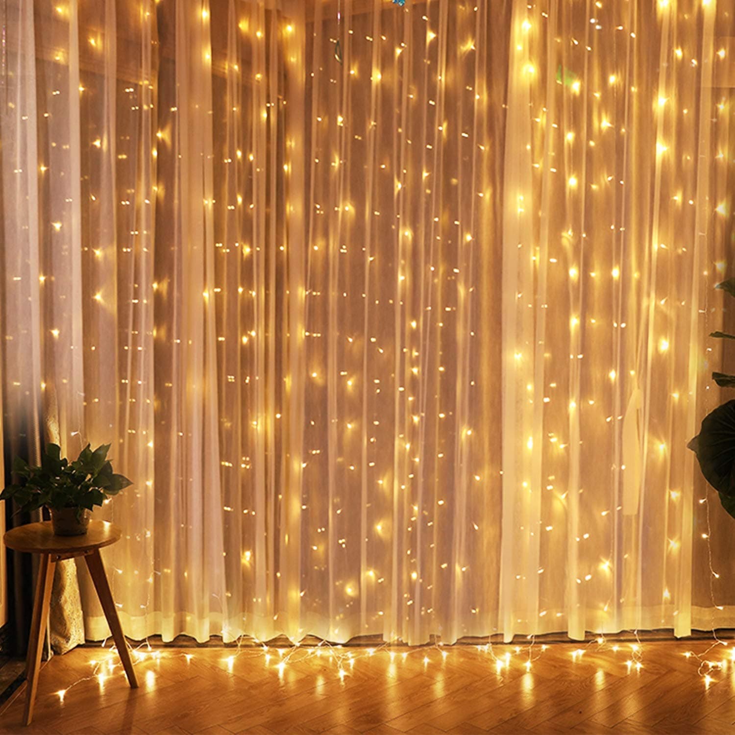Tuevob LED Curtain Light Fairy Window String Light 300 LED 3M*3M 8 Modes with IR Remote Control Wire Lights Waterproof for Indoor Outdoor Christmas Party Wedding Bedroom Decoration,USB Plug/Warm White