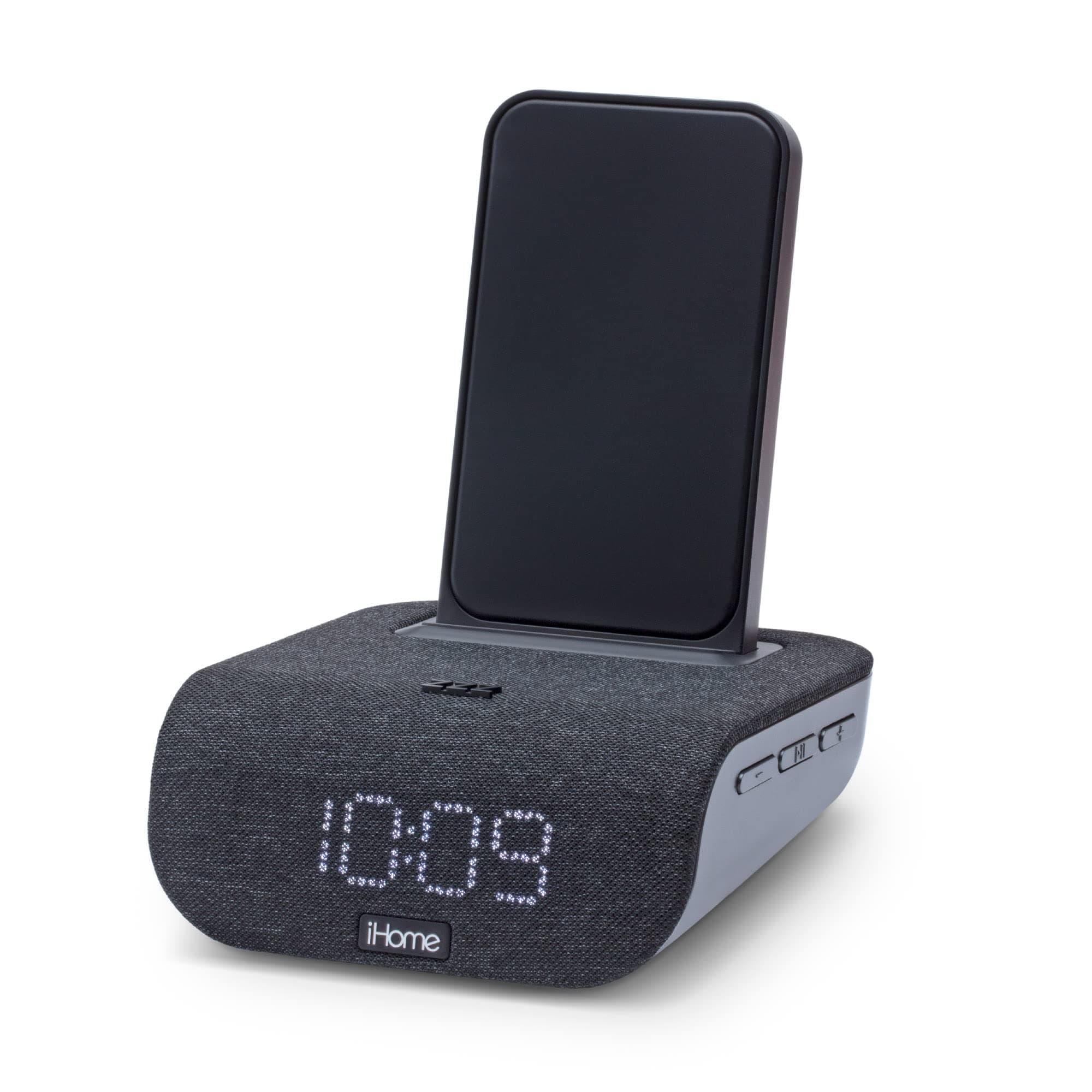 iHomeiBTW20 Timebase Dual-Charging Alarm Clock and Wireless Speaker, Black, Bedside Table