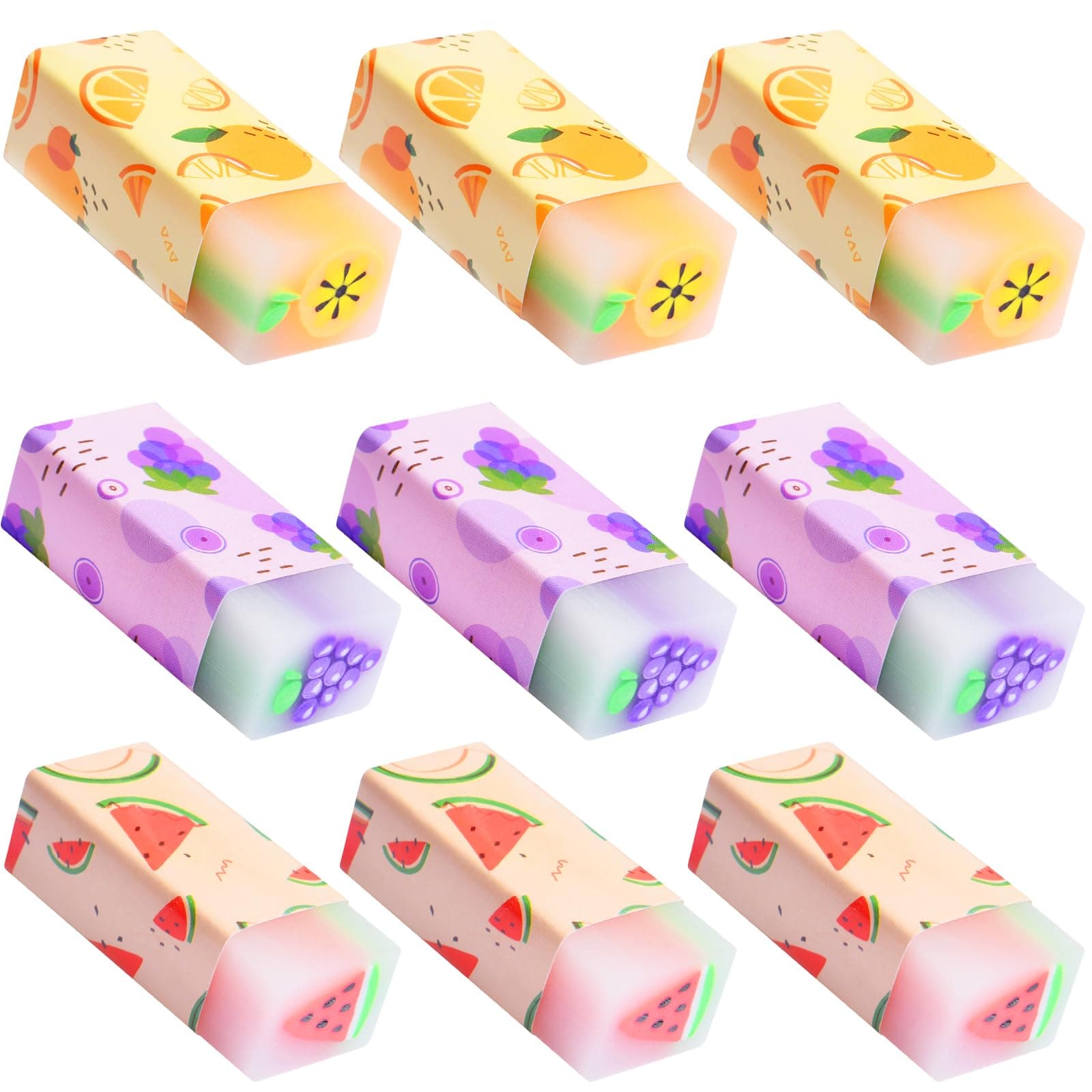 9 Pcs Large Fruit Erasers, Plastic Pencil Eraser Cute Rubbers Eraser with Fragrance Novelty Watermelon Grape Orange Eraser for Homework Rewards School Office