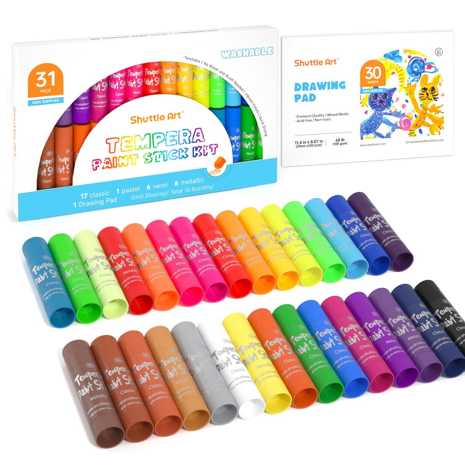 30 Colors Tempera Paint Sticks with 1 Drawing Pad