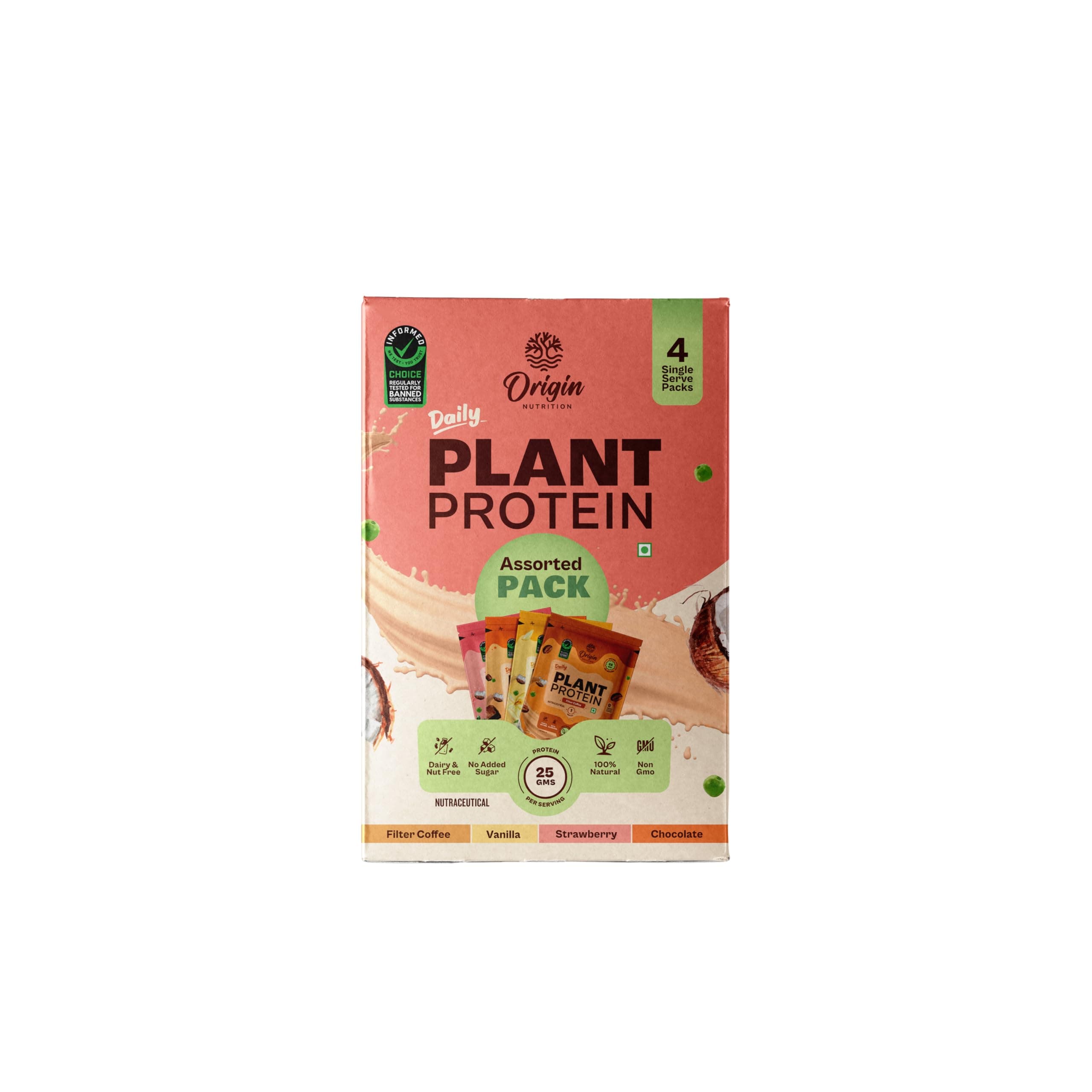 100% Natural & Clean Plant Protein, Assorted Pack (Chocolate, Strawberry, Vanilla and Filter Coffee) 160gm (40gm x 4)