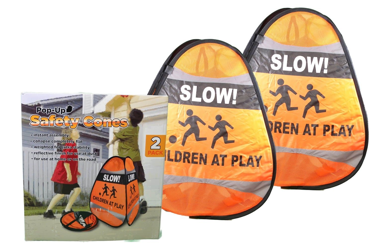 INNOVATIVE Pop-Up 24-Inch Safety Cones 2-Pack "SLOW! Children At Play"