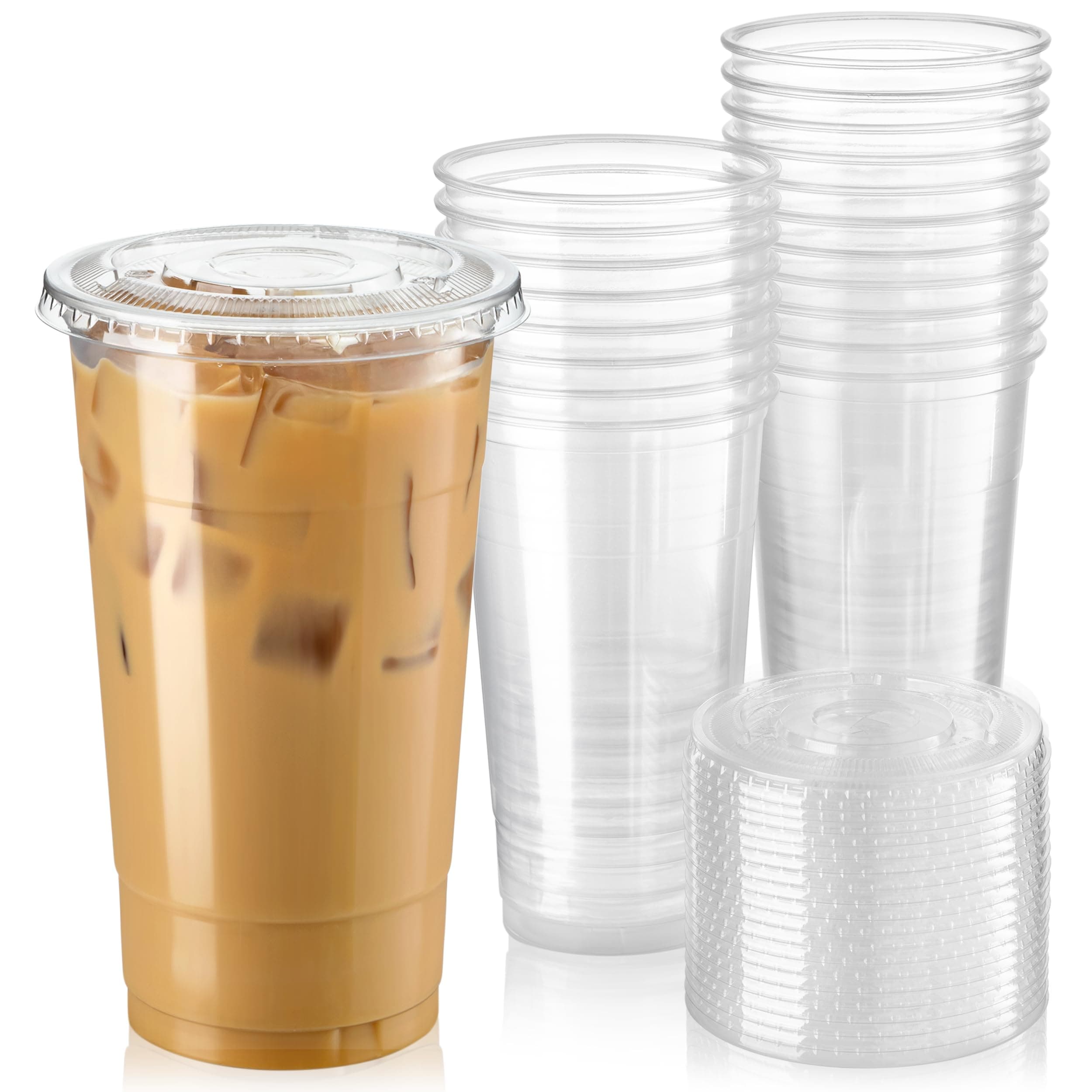 Fit Meal Prep [50 Pack] 32 oz BPA Free Clear Plastic Cups With Flat Slotted Lids for Iced Cold Drinks Coffee Tea Smoothie Bubble Boba, Disposable, Double Extra Large Size