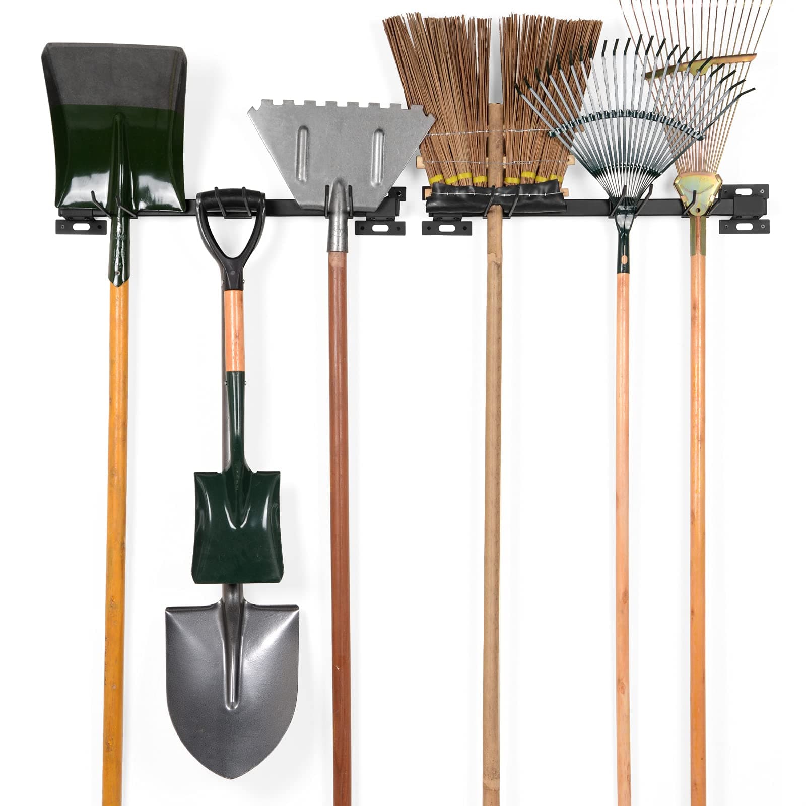 Heavy Duty Garage Organizer Wall Mount (holds 300LBS) with 6 Removable Hooks, Shed & Garage Organization, Garden Tool Organizer Storage, Utility Rack, Tool Holder, Broom Organizer (2-pack)