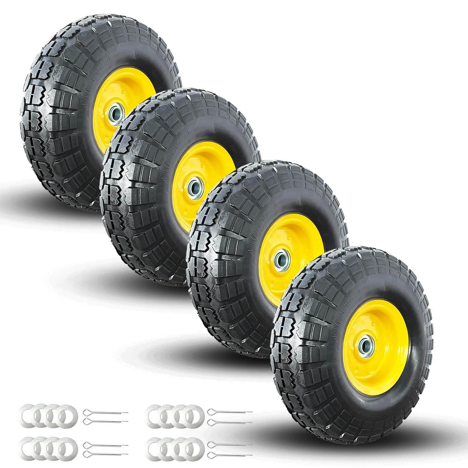4.10/3.50-4 Tire and Wheel Flat Free,10" Solid Tire Wheel with 5/8" Bearings,2.1" Offset Hub,for Garden Carts,Dolly,Trolley,Dump Cart,Hand Truck/Wheelbarrow/Garden Wagon (4-Pack)