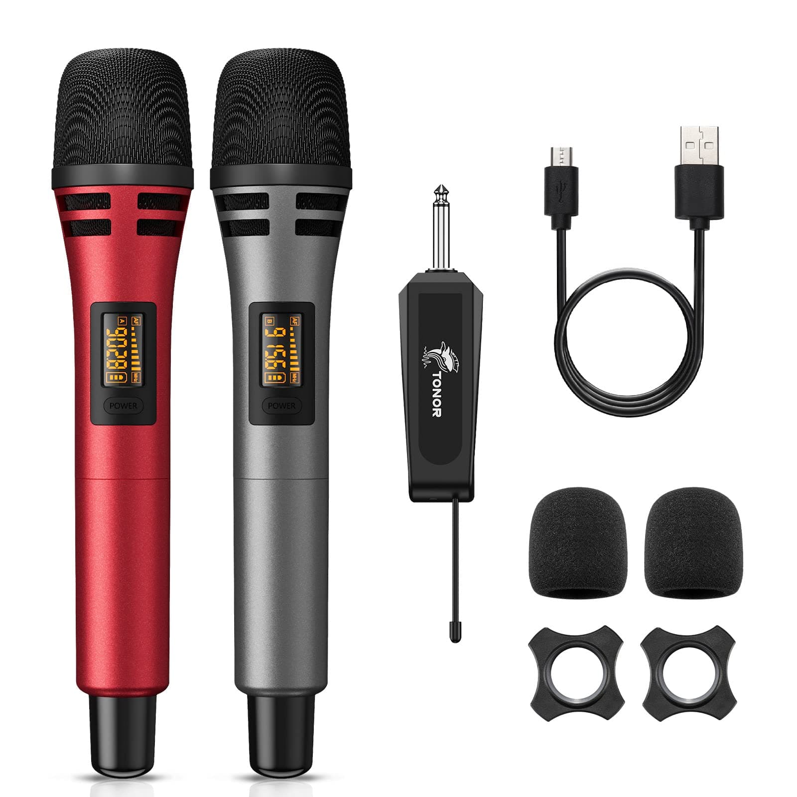TONOR Wireless Microphone, UHF Metal Wireless Handheld Dynamic Microphone System with Rechargeable Receiver, 1/4" Output for Amplifier, PA System, Karaoke Machine, 60m, Red
