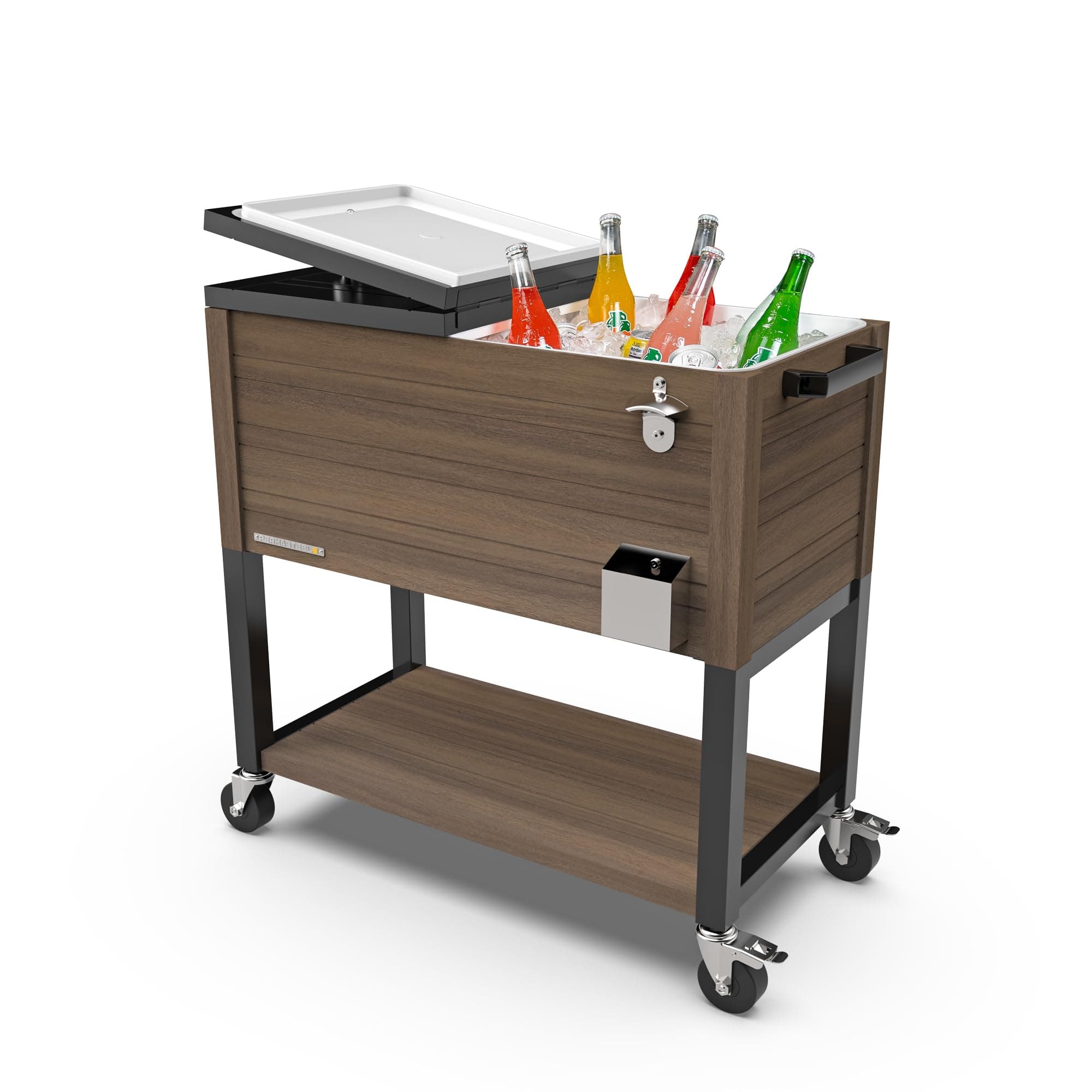 Permasteel 80-Quart Outdoor Patio Cooler with Wheels | Beverage Rolling Cooler for Backyard Deck, PS-A205-80QT-BR, Wood Grain Accent, Brown