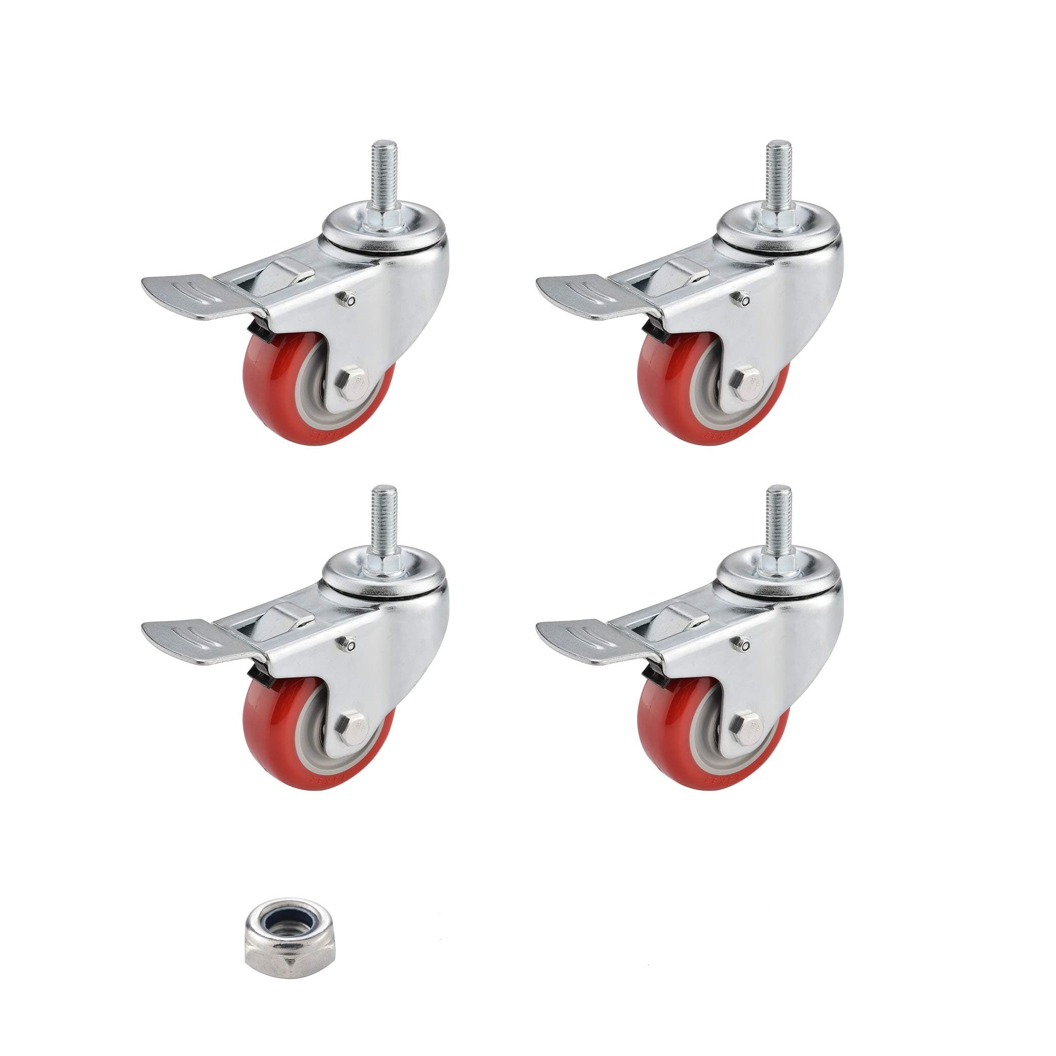 4 Pack 3" Heavy Duty Caster Wheels Polyurethane PU Swivel Casters with 360 Degree Threaded Stem 800lb Total Capacity for 4 Pcs Red (4 with Brakes) Nuts Include SM-AMS-230008