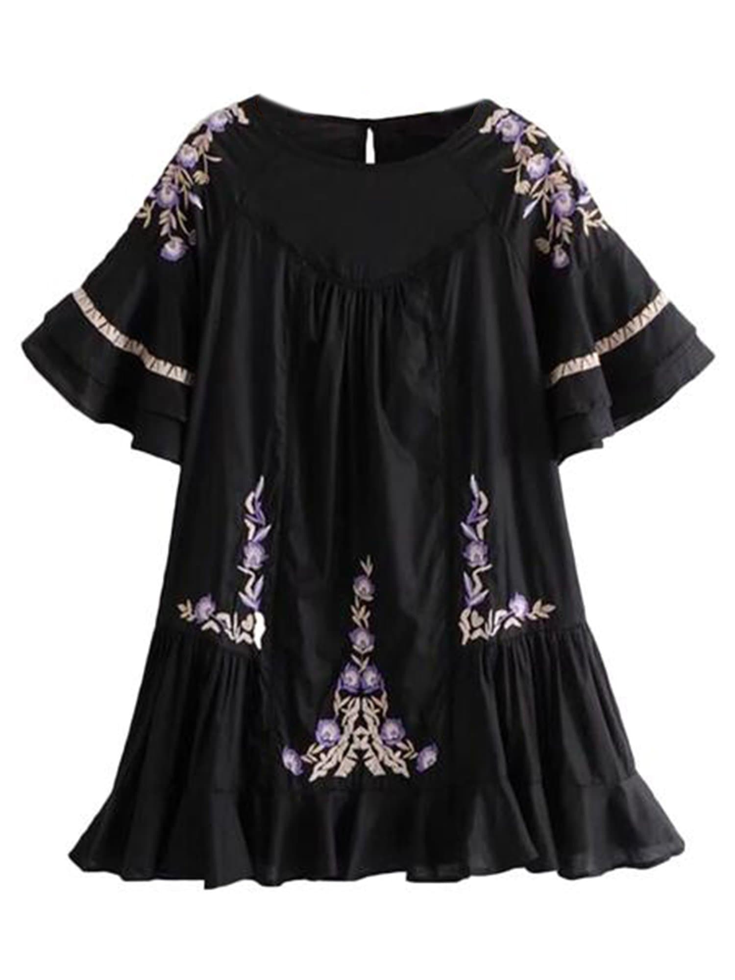 'Juliette' Embroidered Floral Pattern Ruffle Dress - Small (S) - Black