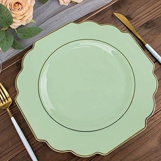 Efavormart 10 Pack | 11" Sage Green Hard Plastic Dinner Plates, Disposable Tableware, Baroque Heavy Duty Plates with Gold Rim