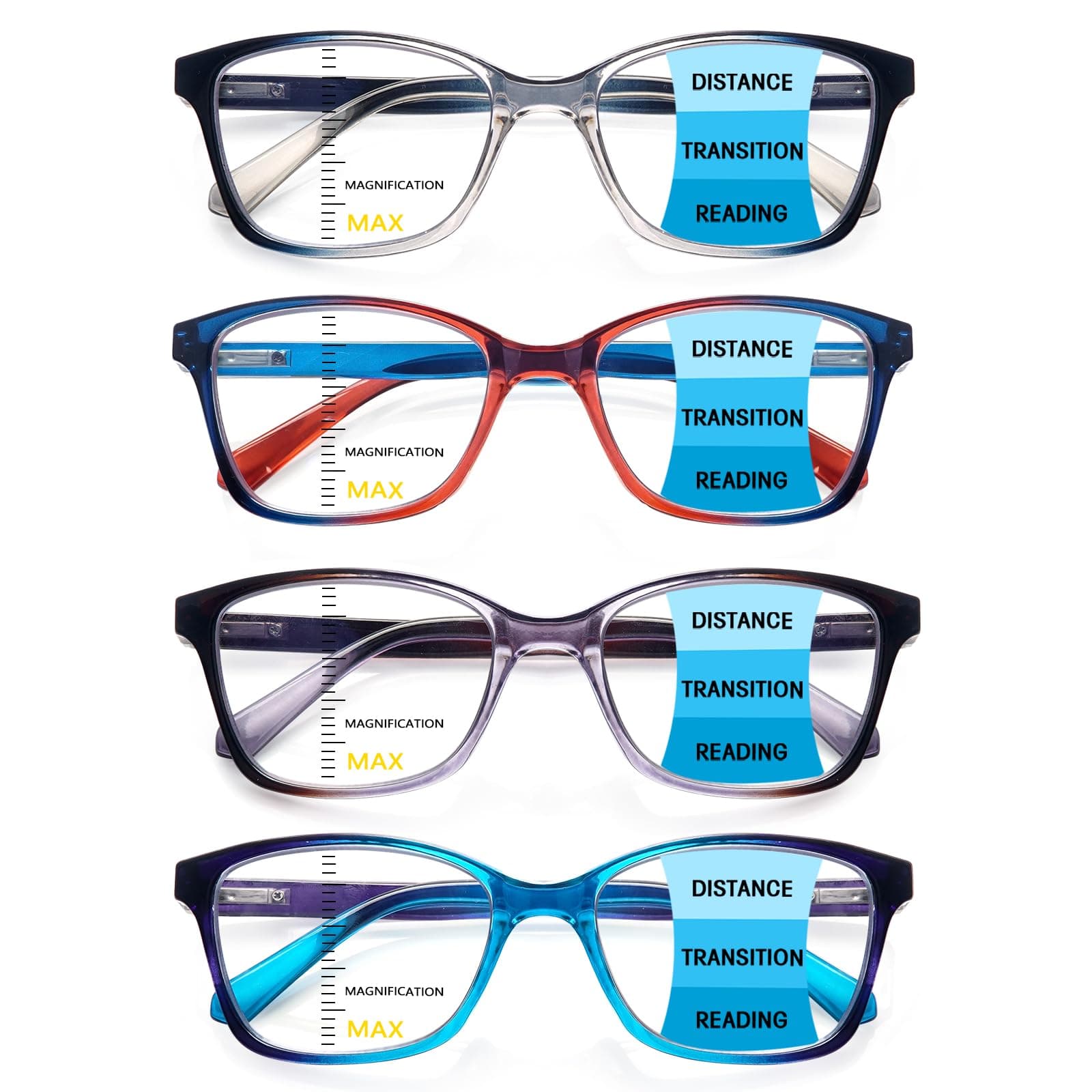 4 Pack Progressive Multifocus Reading Glasses for Women Men Spring Hinge Blue Light Blocking Readers