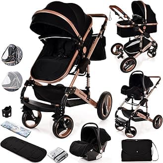 Baby Buggy Pram Pushchair Stroller 3 in 1 Child Lightweight Folding Stroller 3 in 1 Travel System Pram for Newborns & Toddlers from Birth Aluminum (Black - Rose Gold Frame)