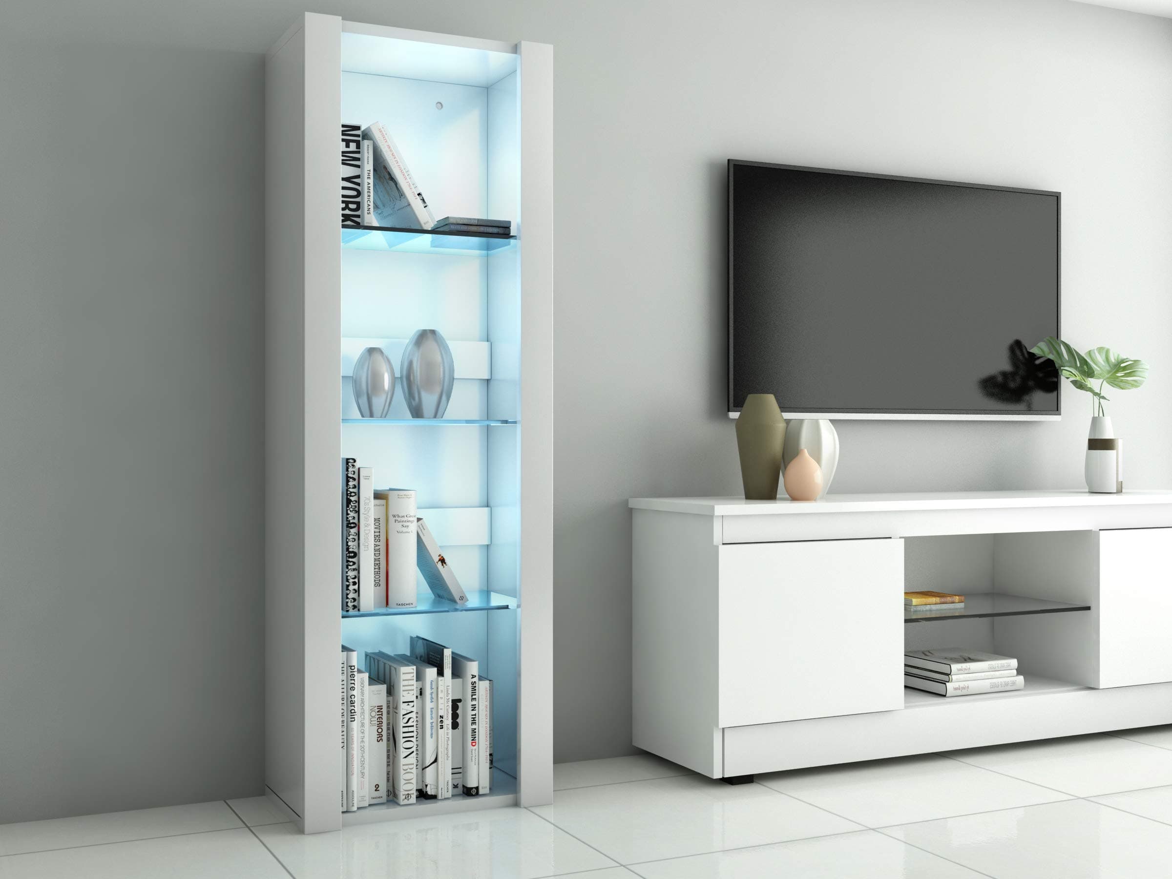 Panana High Gloss Tall Display Cabinet Wood Cupboard Sideboard Free Standing Storage Unit with Glass Shelves RGB LED Lights Living Room White