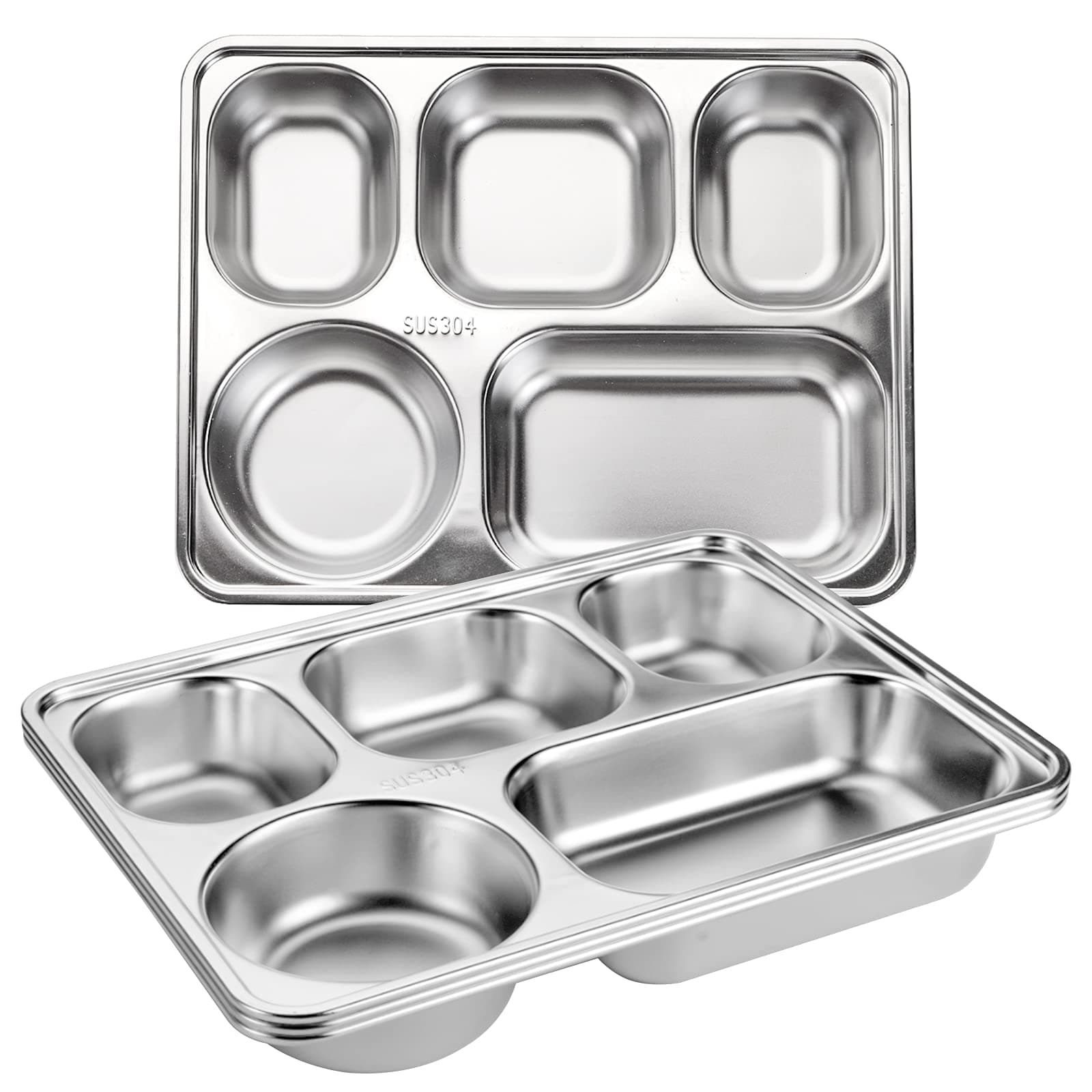 3 Pack Stainless Steel Rectangular Divided Plates Tray, 5 Sections Dinner Plates for Adults,Kids, Picky Eaters, Campers, and Portion Control, 28x22x4.3cm