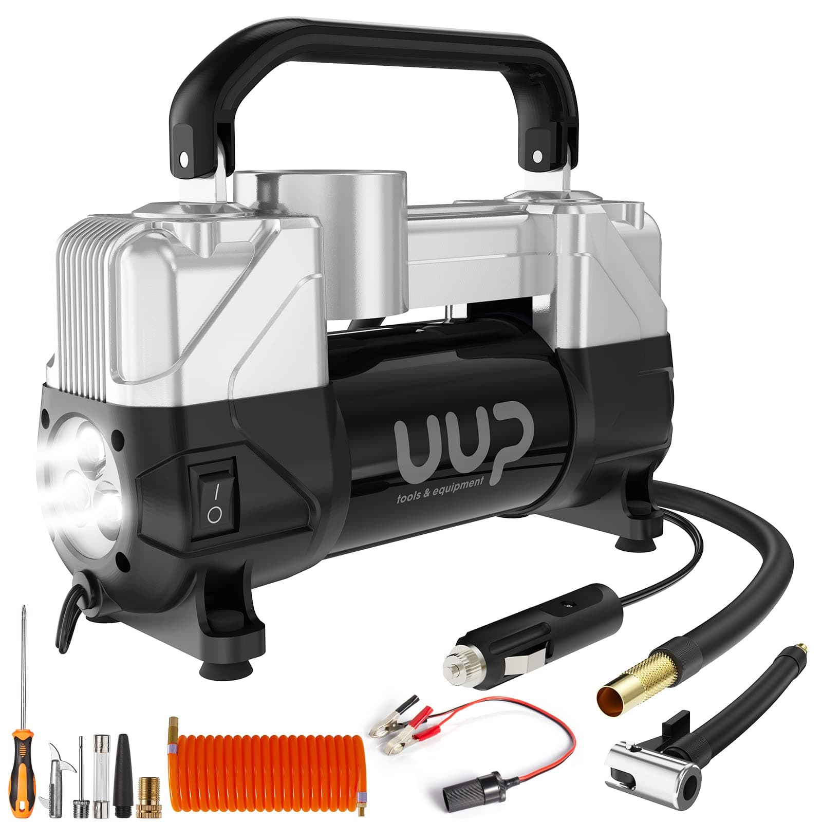 Tire Inflator Air Compressor, 150PSI 12V DC Double Cylinders Heavy Duty Portable Air Pump w/Emergency LED Light for Truck, SUV, Car, RV (black1)