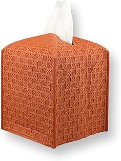 Premium PU Leather Tissue Box Holder–Modern Cover for Home, Office, Car–Stylish Cube Organizer for Standard Kleenex Tissues – Durable, Easy Refill, Rattan Design (Camel)