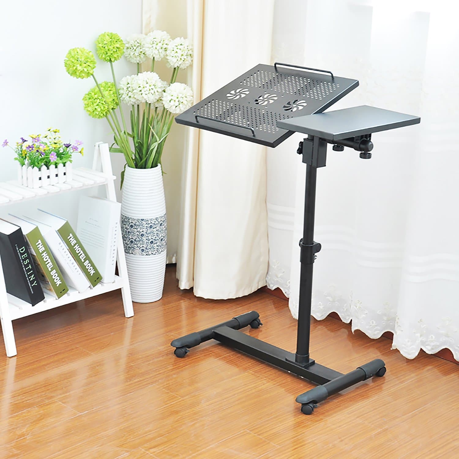 Adjustable Laptop Stand Desk with Double Radiator Fan Portable Sofa Bedside Table - Mobile Notebook Computer Stand up Desk Cart with Wheels Black Work Station - for Home & Office Use