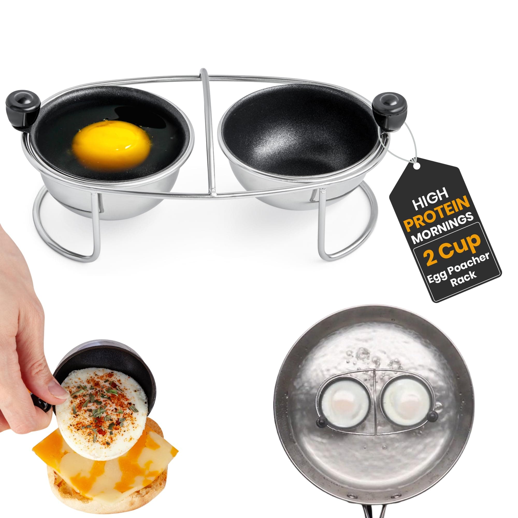 egg Stainless Steel Poached Egg Cooker Poaching Cup PFOA Free Nonstick, 6.25" Rack Compatible with Skillet Instant Pot Pressure Cooker, 2 Poached Cups