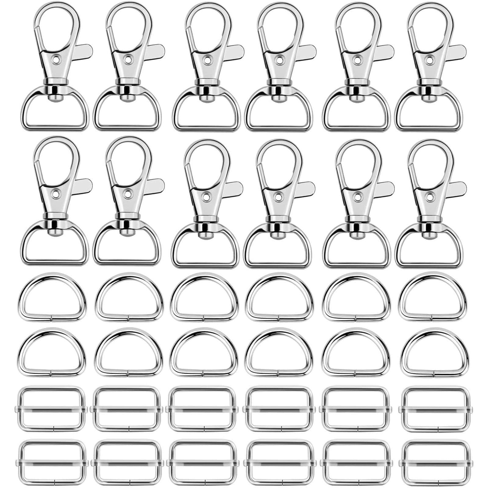 Hysagtek 60 Pcs Purse Hardware for Bag Making - Swivel Snap Hooks, D Ring, Slide Buckle, Bag Hardware Supplies for Handbag Fasteners, Strap, Backpack DIY Craft Accessories, 1 Inch, Silver