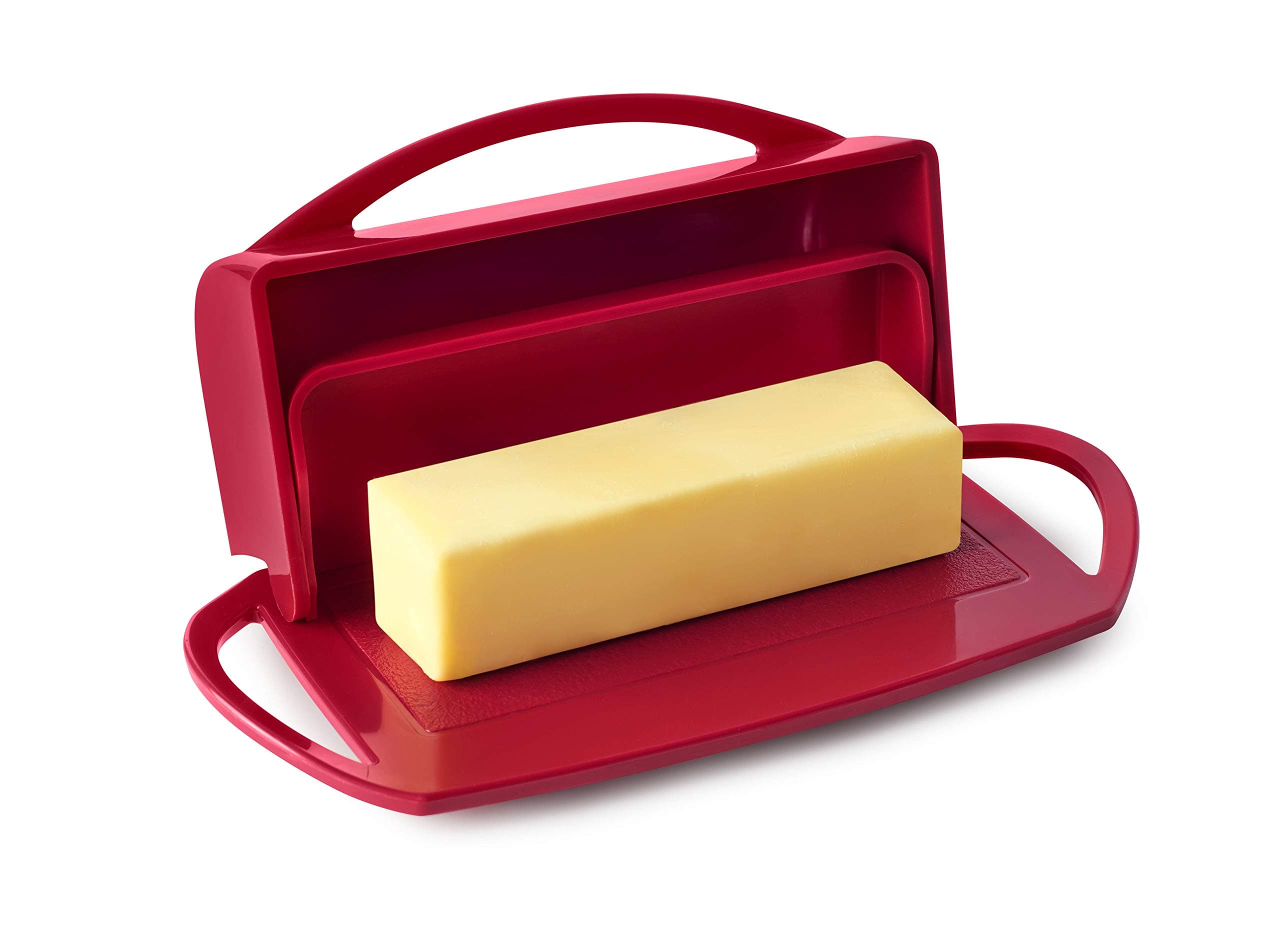 Flip Top Butter Dish with Attached Lid - Holds 2 Sticks, Fits Kerrygold/European Butter - BPA Free & Dishwasher Safe - Red