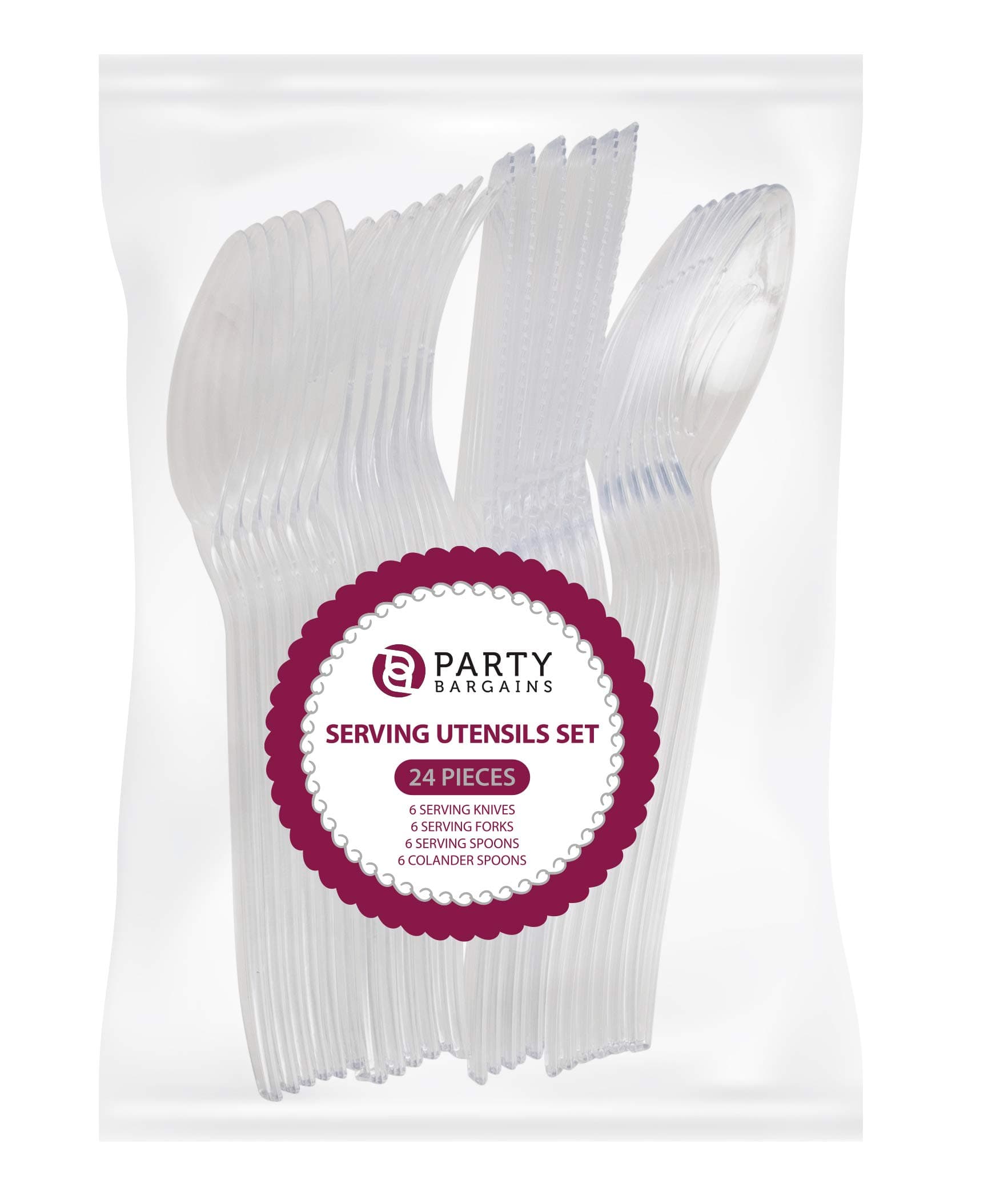 PARTY BARGAINS 9.5 Inches Plastic Serving Utensils, Clear, 24 Count, Set of 6 Forks, 6 Spoons, 6 Slotted Spoons and 6 Cake Knives, Excellent for Weddings, Buffet and Parties