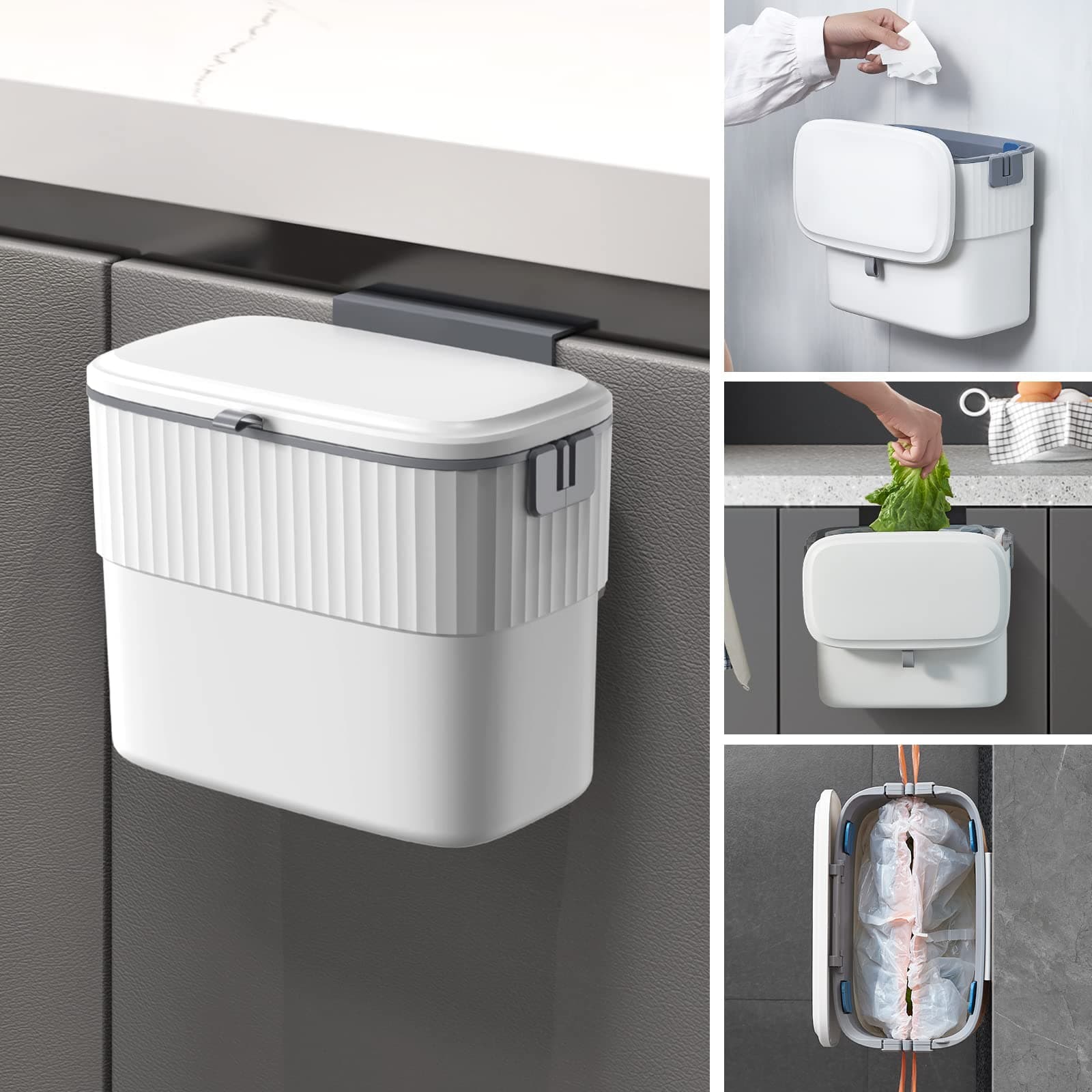 Kitchen Compost Bin with Lid 1.8 Gallon Hanging Trash Can with Lid, 7 Liter Wall-Mounted Garbage Can for Kitchen Cabinet Door, Small Under Sink Trash Can for Cupboard, Bathroom, Office