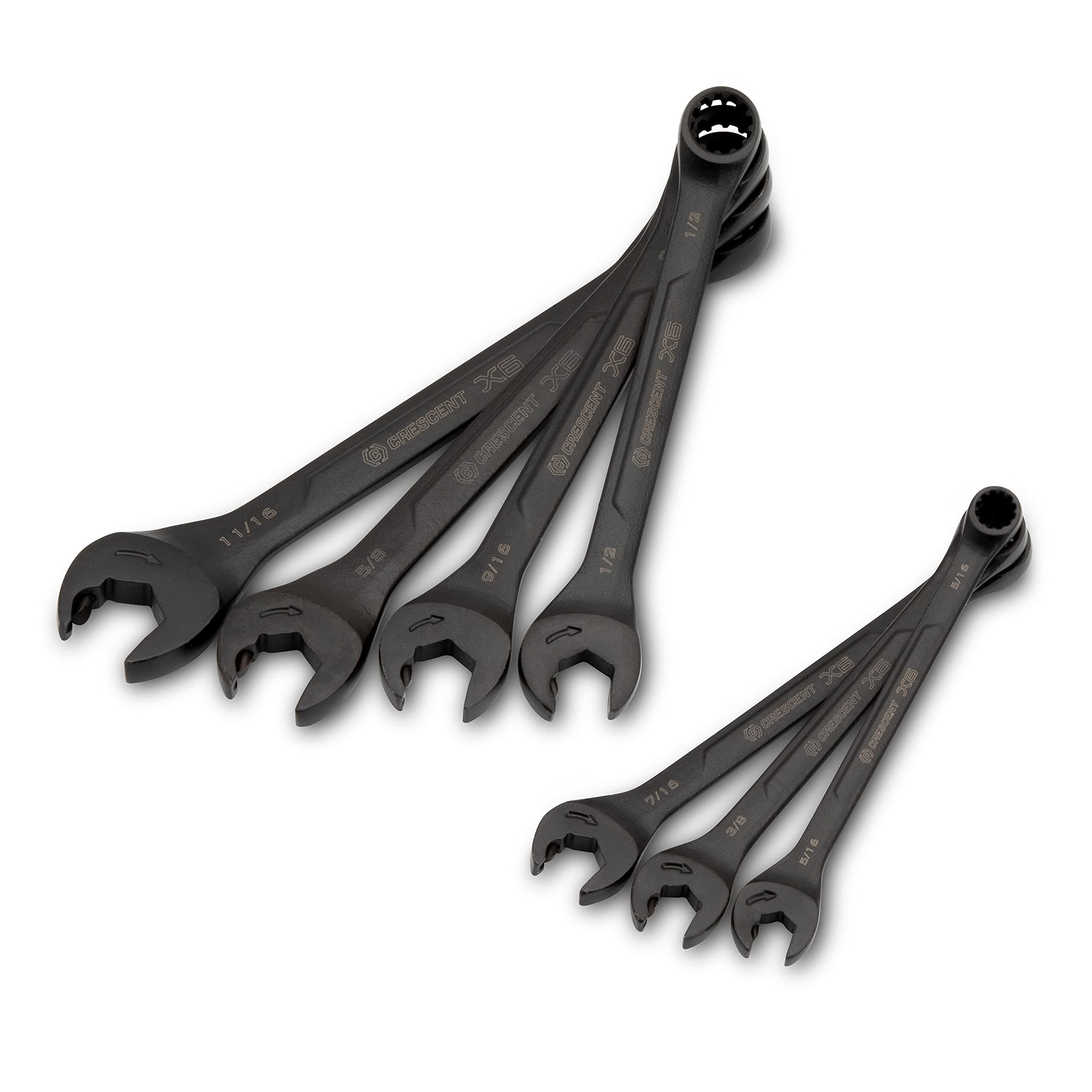 7 Piece X6™ Black Oxide Spline Open End Ratcheting Combination SAE Wrench Set - CX6RWS7