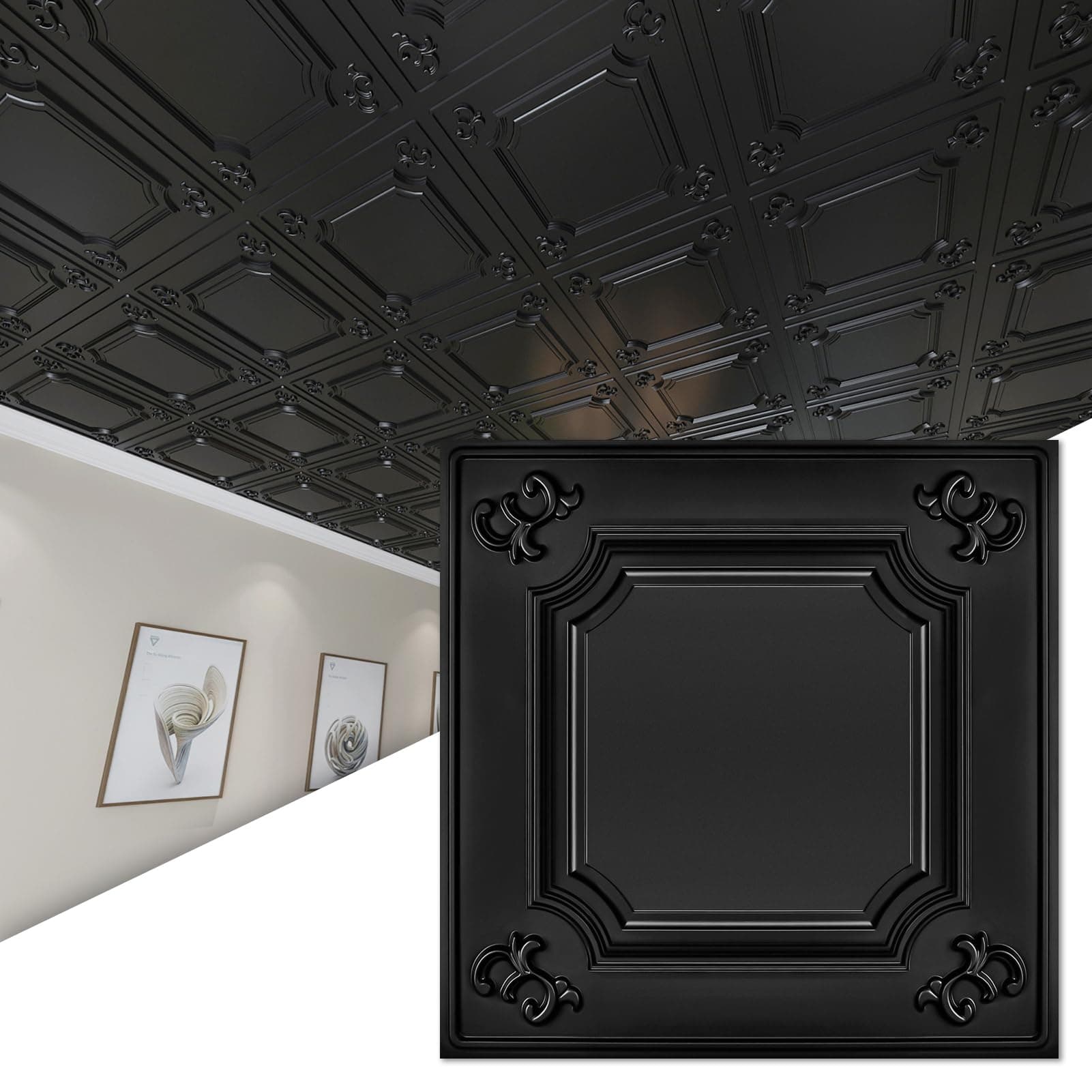Art3d Drop Ceiling Tiles 24x24 in Black (12-Pack, 48 Sq.ft), Wainscoting Panels Glue Up 2x2