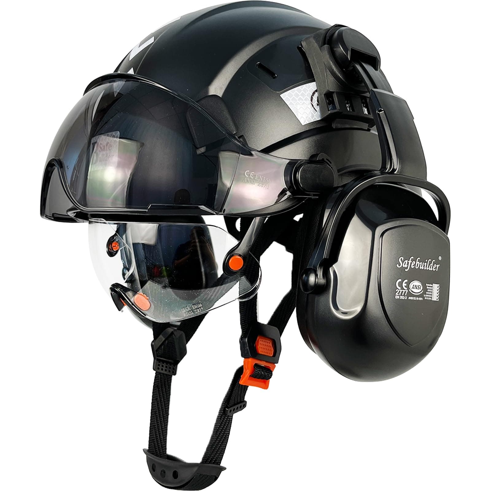 Safety Helmet with Visor Ear Muffs Work at Hight Carbon Fiber Abs Hard Hats for Industrial Construction Head Protection ANSI Z89.1 Approved(Black Hard Hat+Clear&Tinted Visor+B07 Ear Muffs)