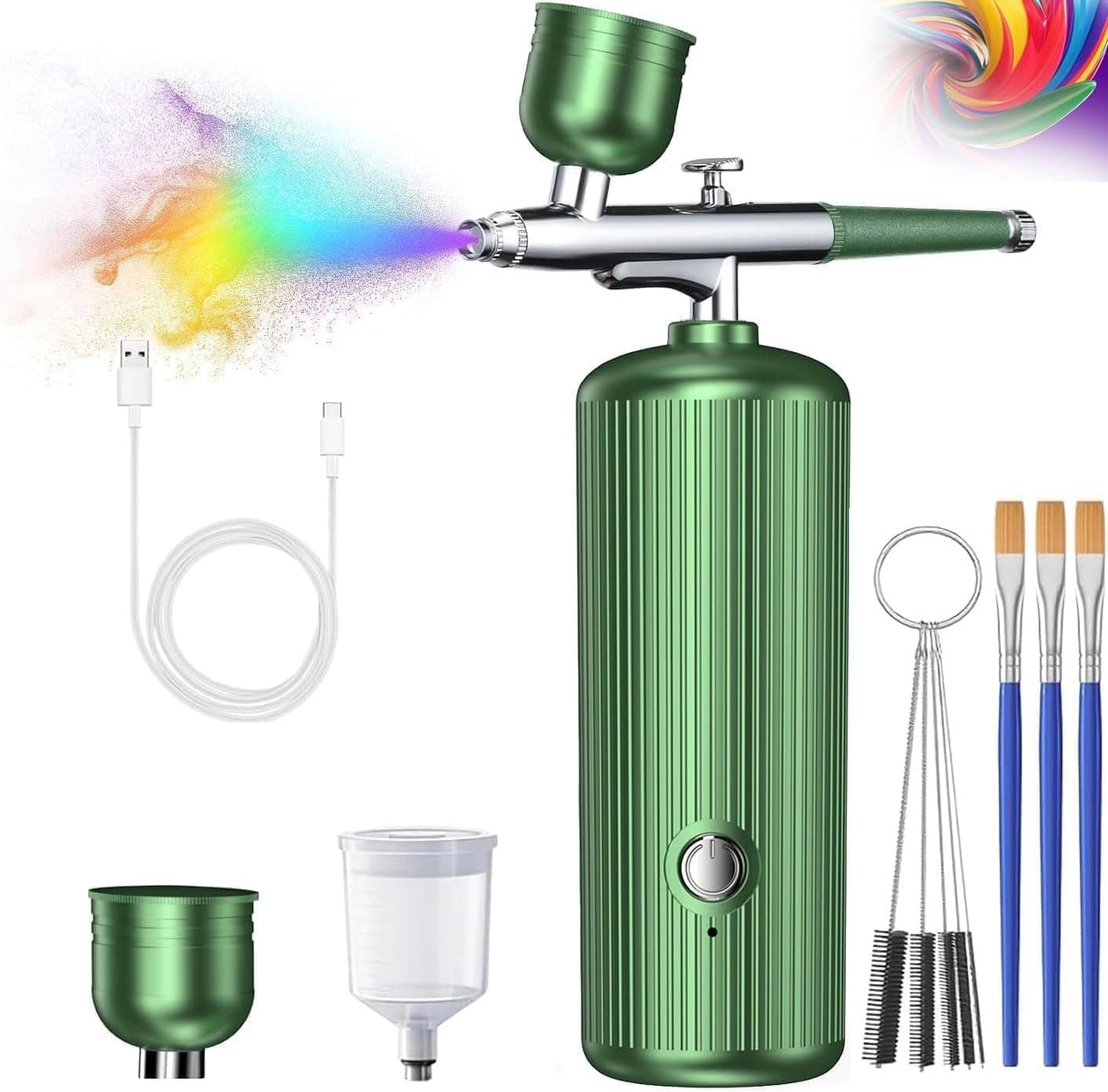Airbrush Kit with Compressor, 48PSI Cordless Rechargeable Non-Clogging High-Pressure Air Brush Set with 0.3mm Nozzle and Cleaning Brush Portable Gun for Nail Art, Makeup, Barber, Cake Decor (Green)