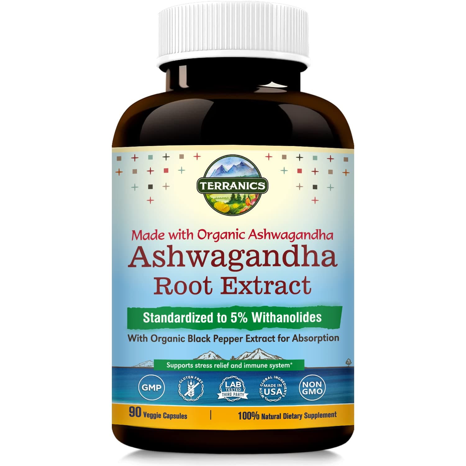 Organic Ashwagandha Root Extract with Black Pepper Extract 2100mg, 90 Veggie Capsules, Natural Stress Support, Vegan, Non-GMO, No Gluten