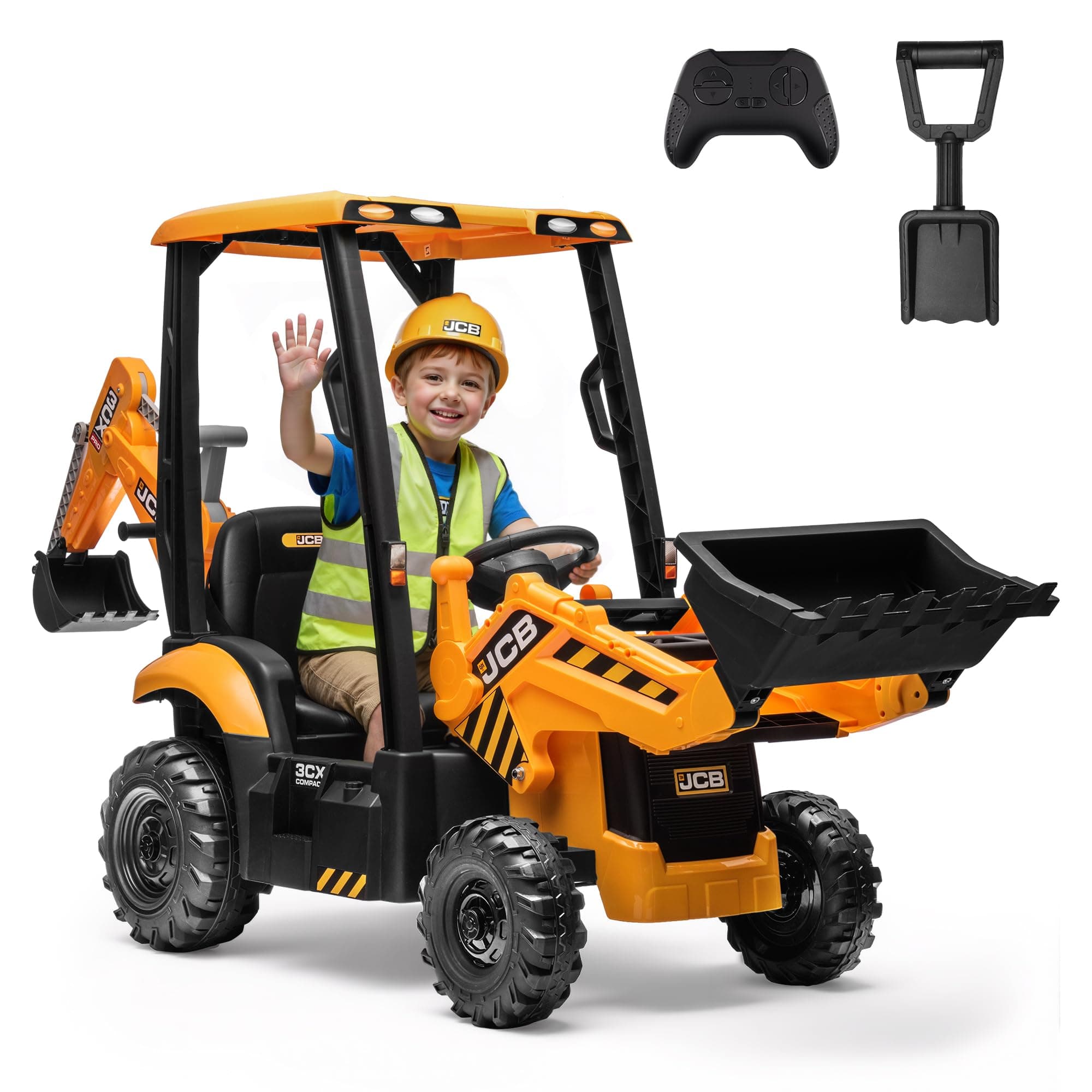 12V JCB Ride On Excavator with Remote Control, Kids Ride On Car 3–8, Front Loader & Backhoe Digging Arm, Tractor & Bulldozer Modes, Slow Start, Adjustable Speeds, Engine Start Sound (Yellow)