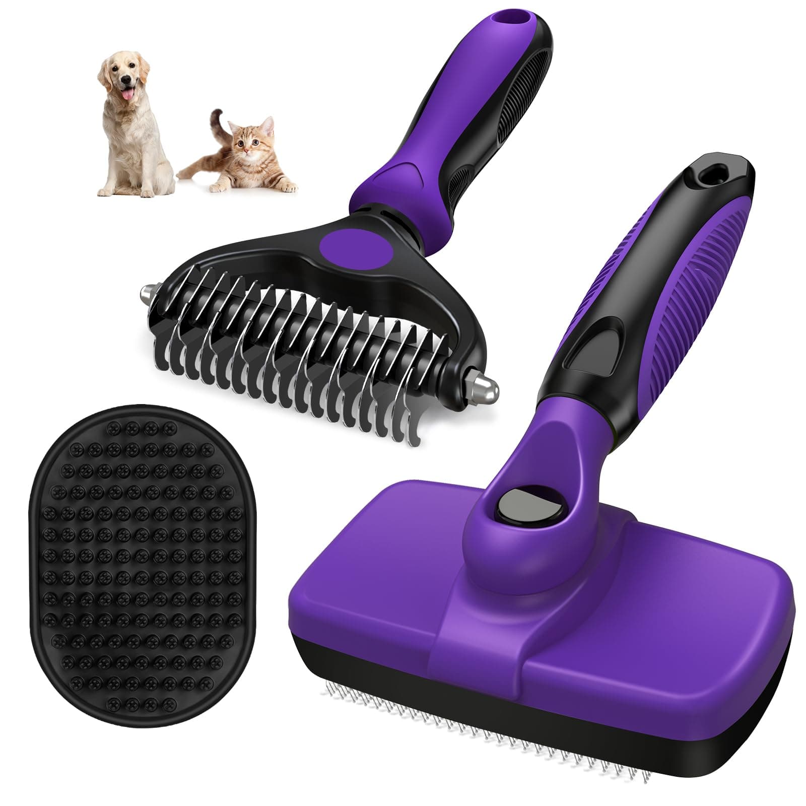 3PCS Self Cleaning Slicker Brush & Pet Grooming Rake & Bath Brush for Dogs,Cats and Horses | Double-Sided Dematting Comb & Skin Friendly Deshedding Grooming Tool | Pet Supplies (Purple Black)