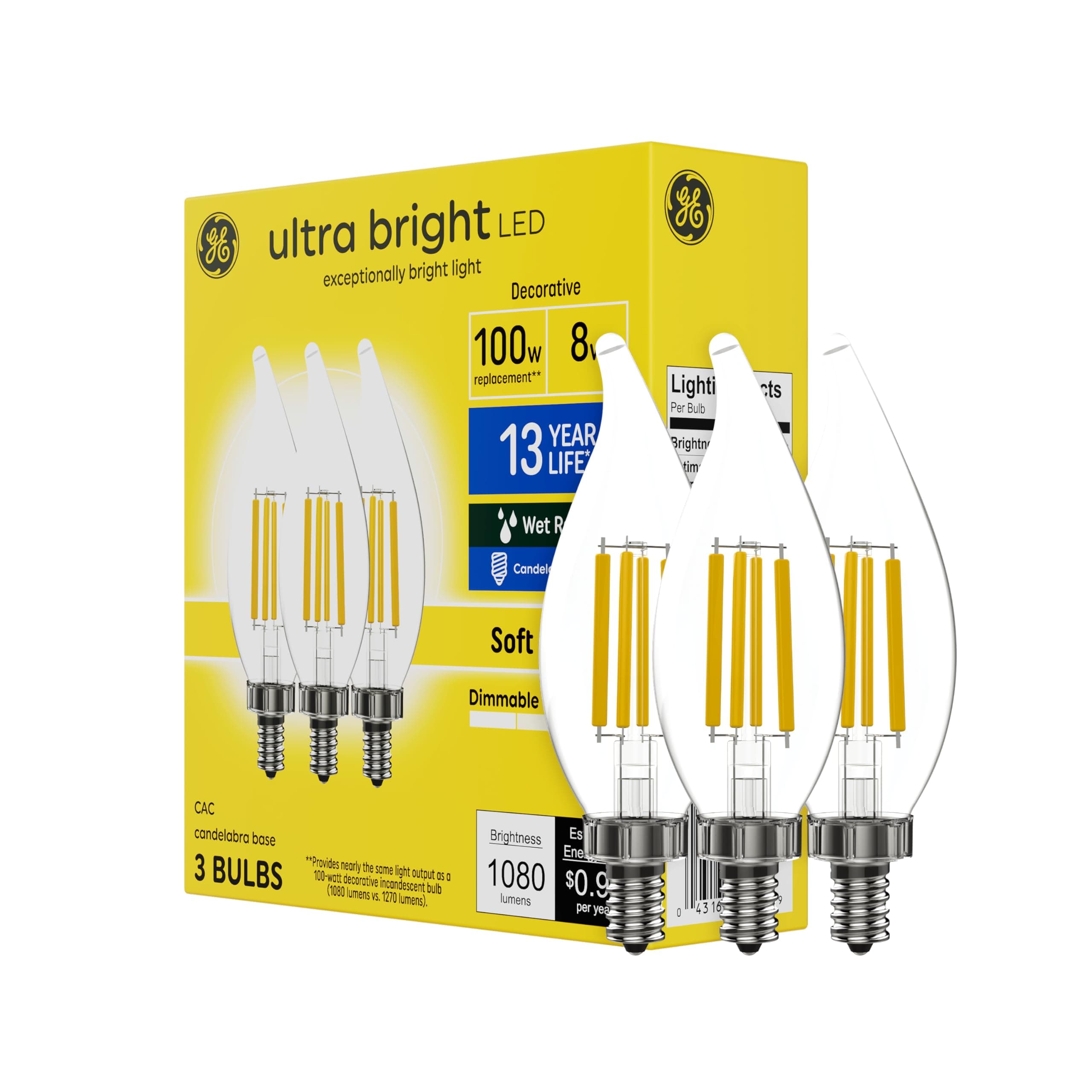 Ultra Bright LED Light Bulbs, 100W, Soft White Candle Lights, Clear Decorative CA12 Light Bulbs, Candelabara Base (3 Pack)