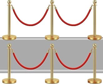 6PCS Gold Stanchions with 5FT Red Velvet Rope - Heavy Duty Crowd Control Barriers and Rope Safety Barriers for Events Weddings Red Carpet and Stanchion Set for Party (39.4 Inch Post Height)