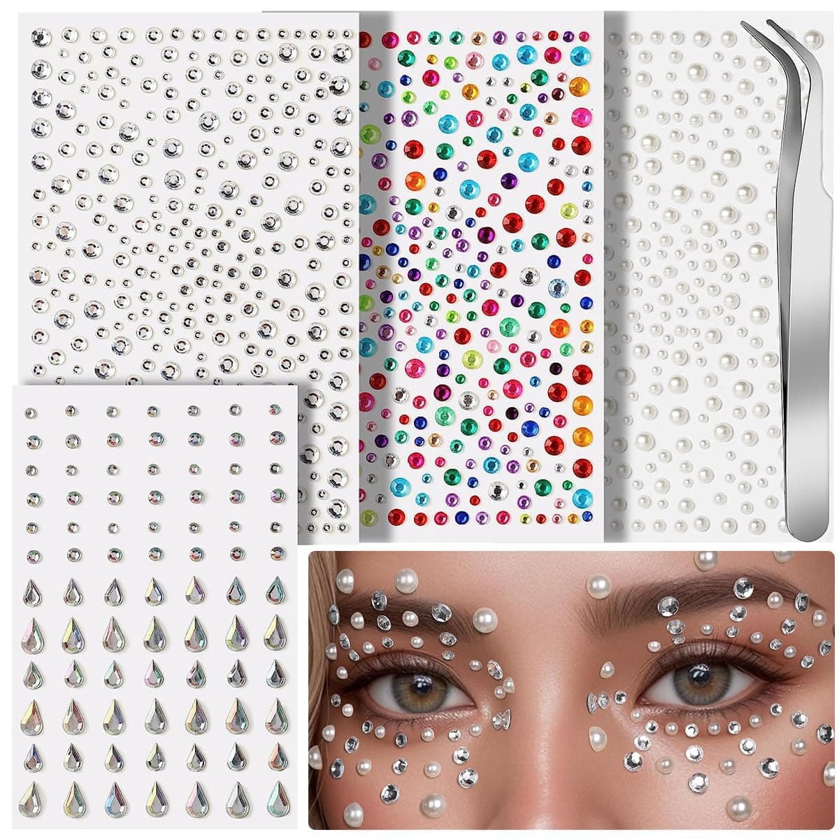 4 Sheets Face Gems & Pearl Stickers Kit Self Adhesive Rhinestone Jewels with Tweezer Glitter Festival Makeup Sticker for FaceDecor, Hair, Nail Art, Crafts & DIY | Rhinestone Sticker for Faces, Eye, Makeup, Body