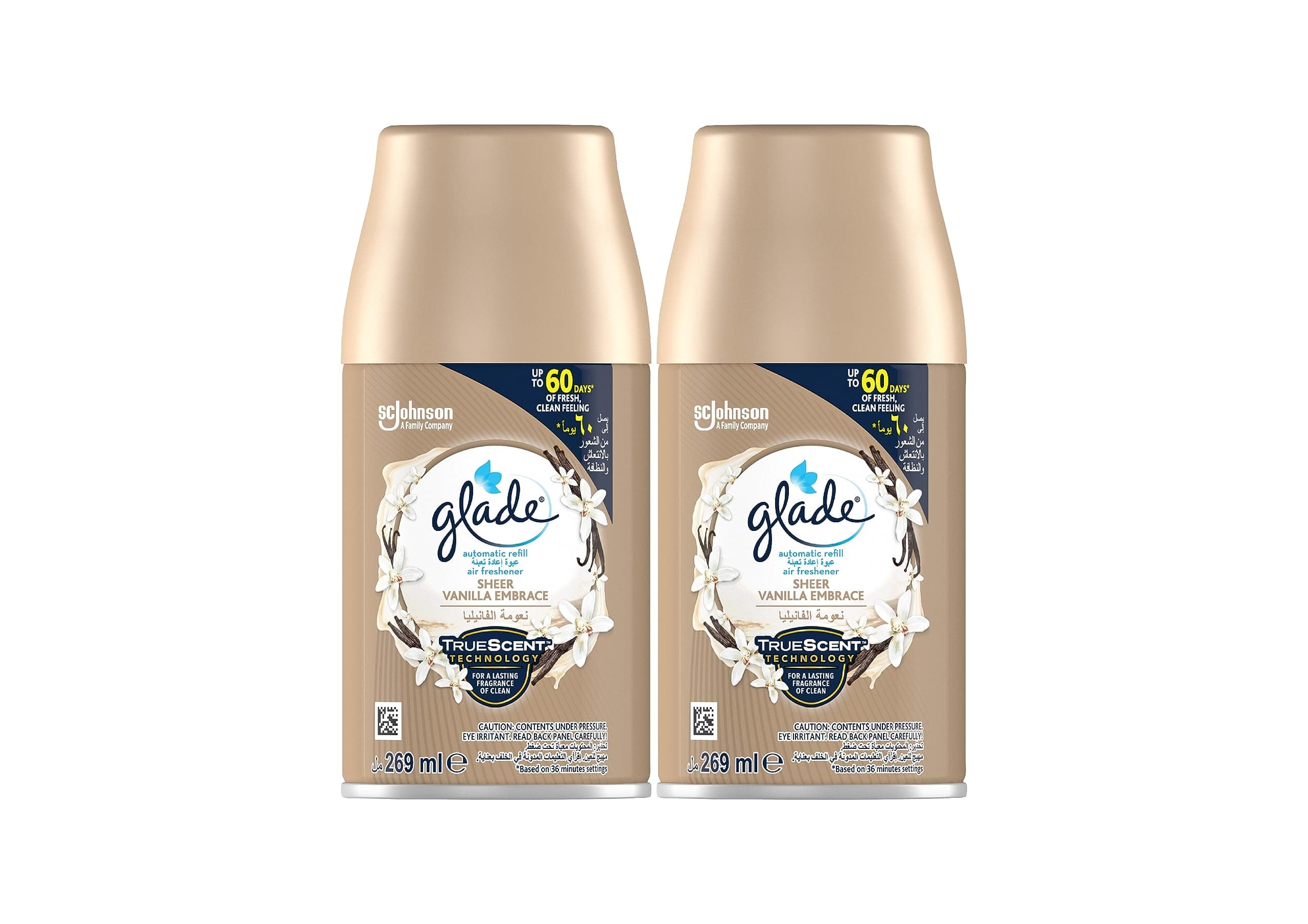 Automatic Spray Refill Sheer Vanilla Embrace Air Freshener, Automatic Odour Eliminator, Fits Glade Dispenser, Up to 60 Days of Freshness, 2 x 269ml