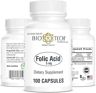 Folic Acid (5 mg), 100 Capsules – All-Natural Supplement – Supports Cardiovascular, Nervous System, & Prenatal Health – No Dairy, Fish, Gluten, Peanut, Shellfish, GMOs, Halal, & Soy