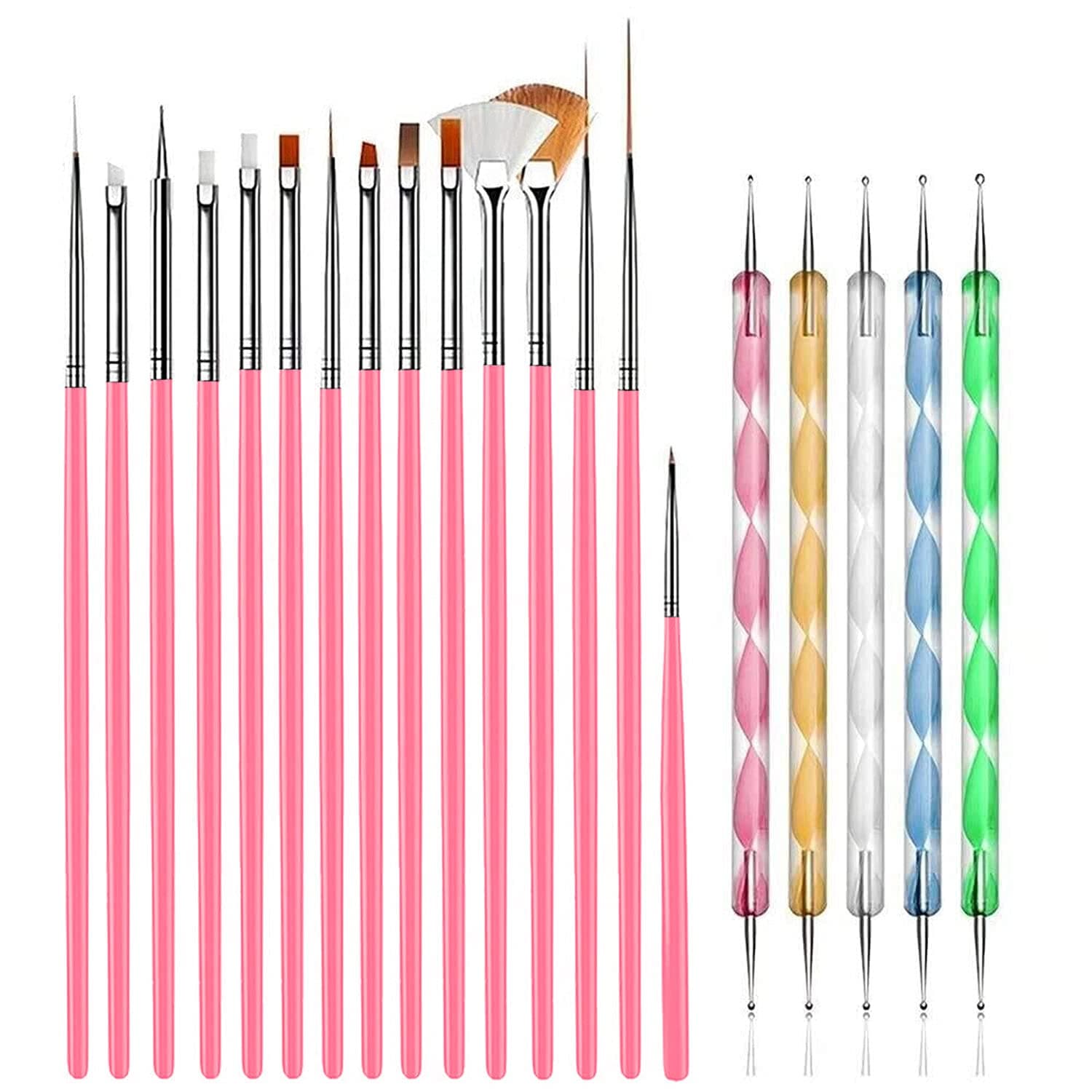 AIBEE 20pcs Nail Art Design Tools, 15pcs Nail Art Brushes Kit with 5pcs Nail Dotting Pens, PINK (pink)
