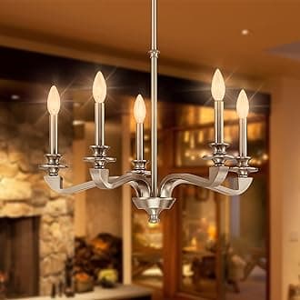 Chandeliers for Dining Room, 5 Light Modern Chandelier Light Fixture Over Table, Brushed Nickel Farmhouse Candle Chandeliers for Kitchen, Hallway, Entryway, 25.5 Inch (E12 Base)