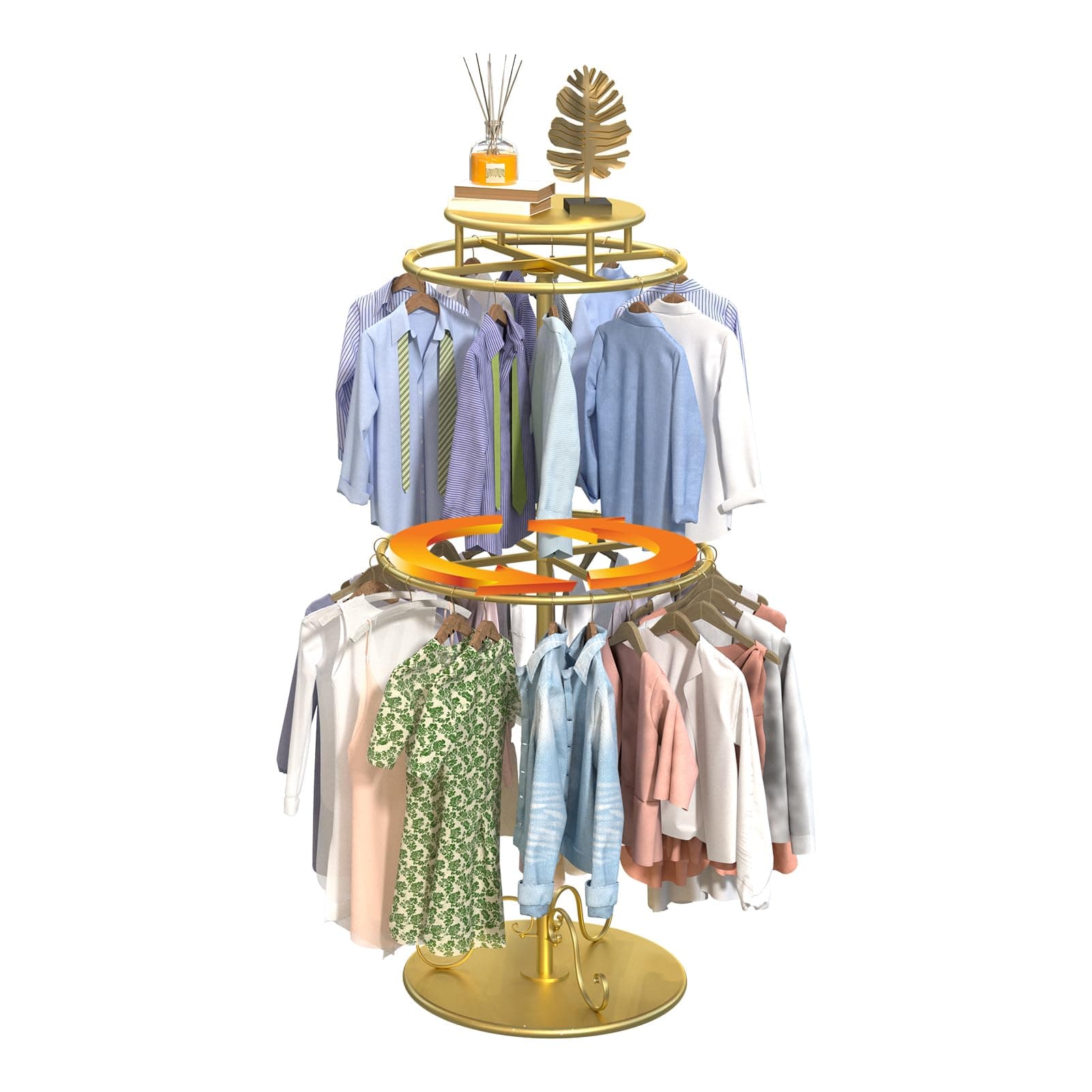 Round Clothes Rack, Childrens Clothing Display Circular Clothes Rack, Rotatable Black Tier Rack with Retail Display Table, Round Garment Rack Kids Clothing Display for Boutiques (GOLD, 55.1'/140cm)