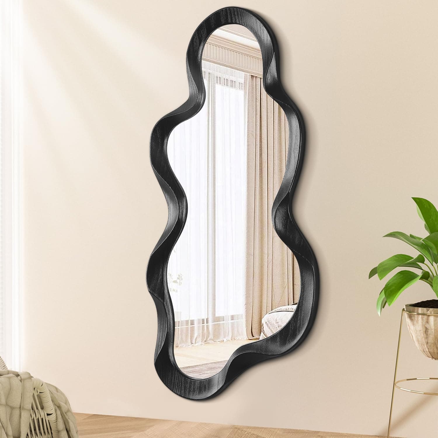 Asymmetrical Mirrors for Wall Mounted Unique Cloud Wood Frame Irregular Mirror Modern Bedroom Living Room Vanity Entryway Hallway Decorative Artistic Wall Mirror
