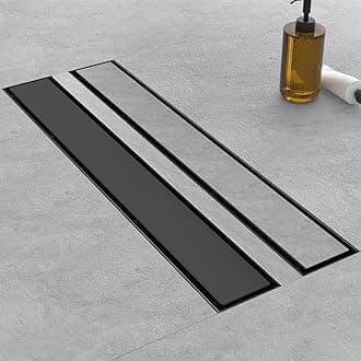 Linear Shower Drain, 32 Inch Matte Black 304 Stainless Steel Shower Drain with Tile Insert Panels, Long Rectangle Shower Floor Drain with Adjustable Feet, Hair Catcher, Fits Bathroom, Balcony