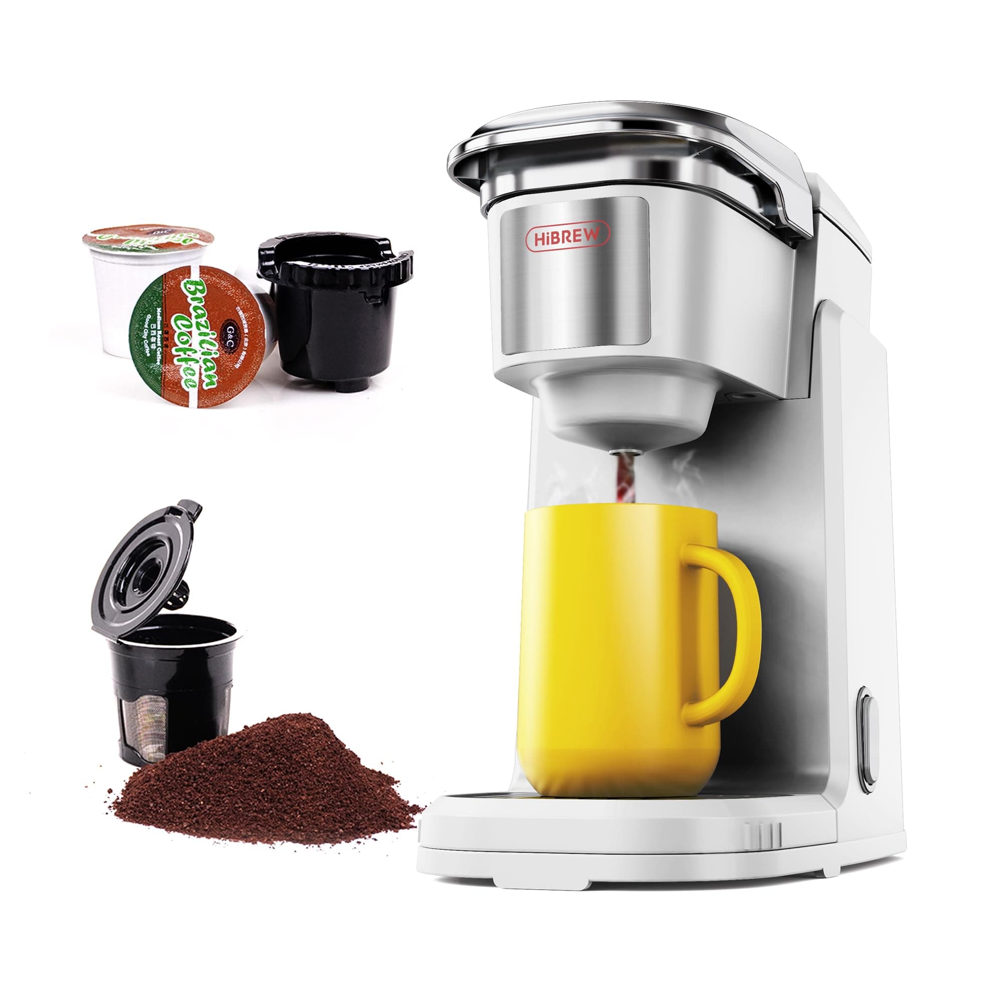 HIBREW Single Serve Coffee Maker - Portable,Coffee Machine for K Cup Pod, One Button Operation, White Color for Kitchen, Office, Camping, Hotel